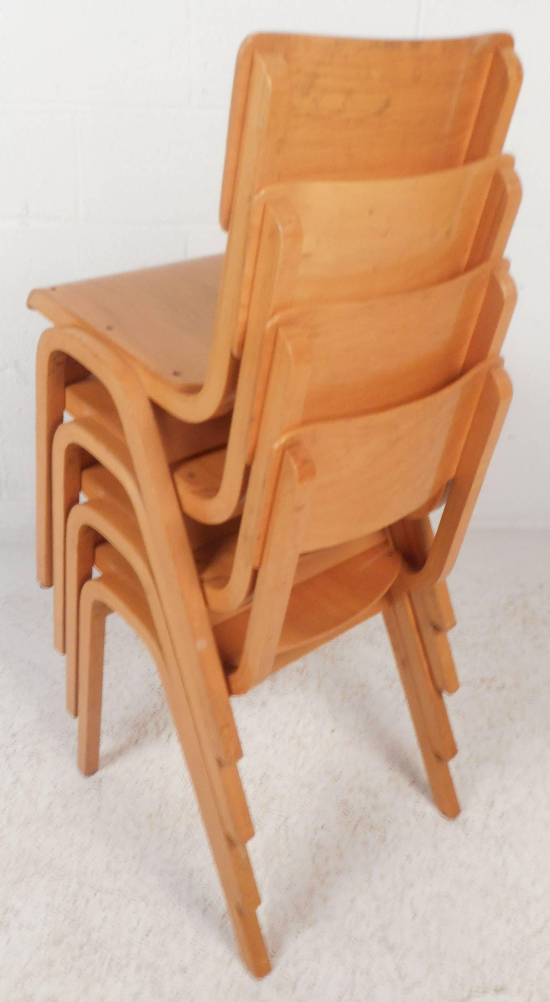 Set of Four Mid-Century Modern Maple Stacking Chairs 5