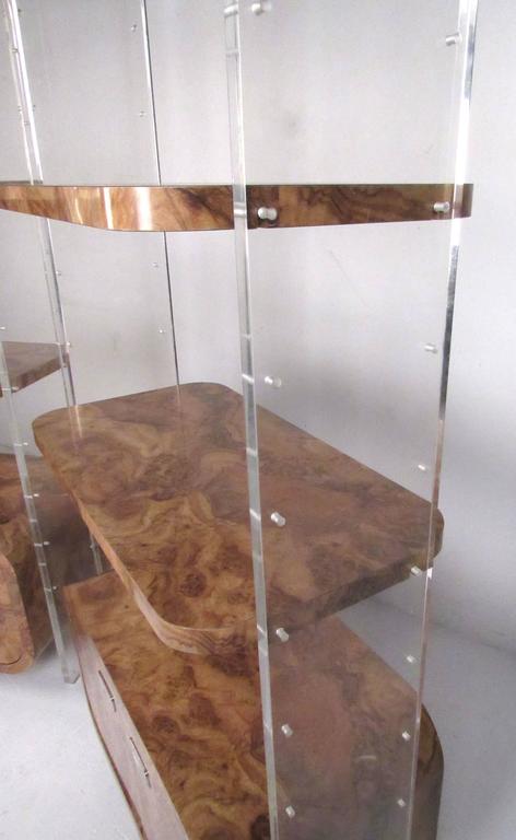 American Pair Modern Burlwood & Lucite Bookcases after Milo Baughman For Sale