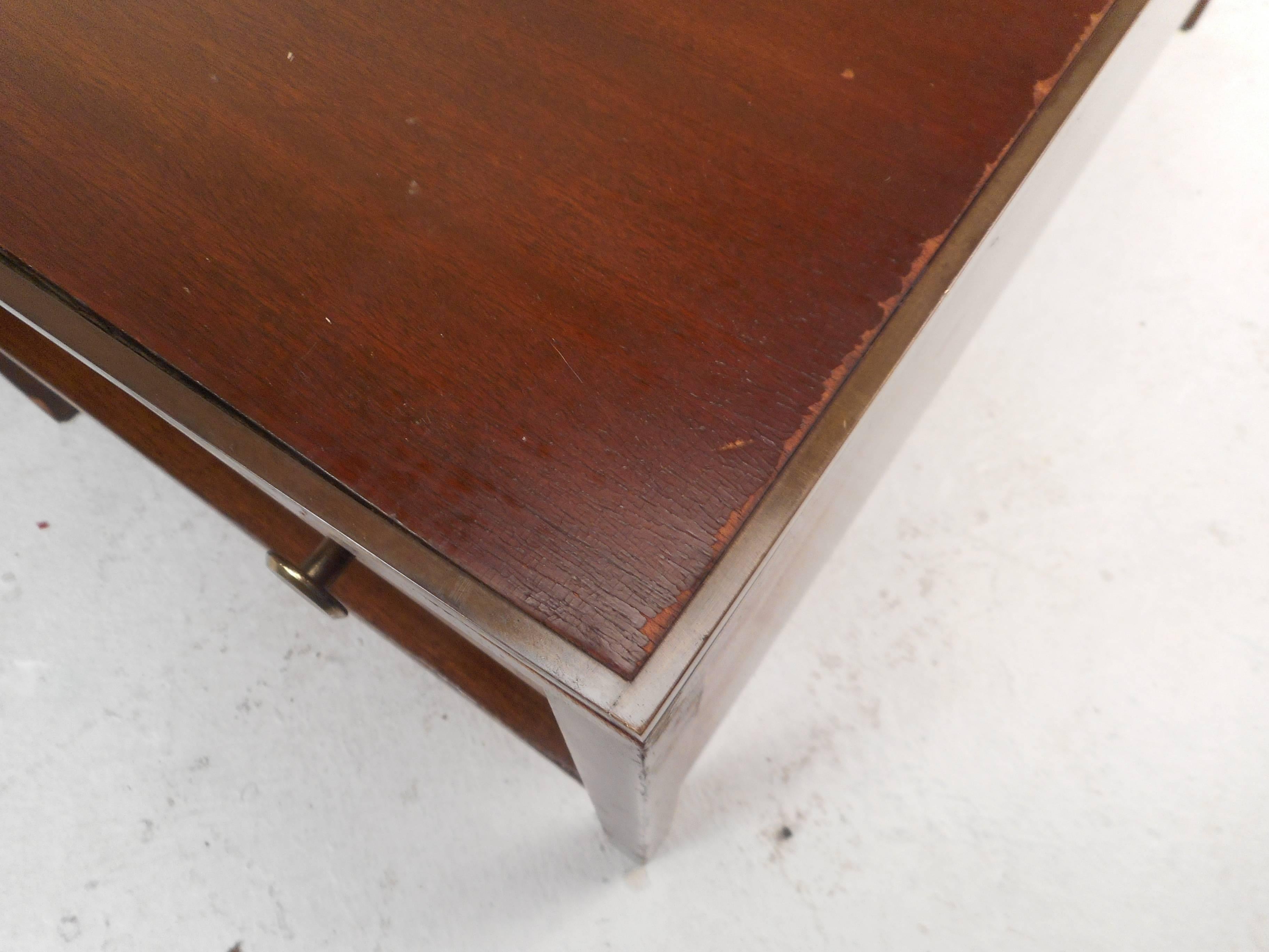 Brass Mid-Century Modern Walnut Coffee Table in the Style of Paul McCobb For Sale