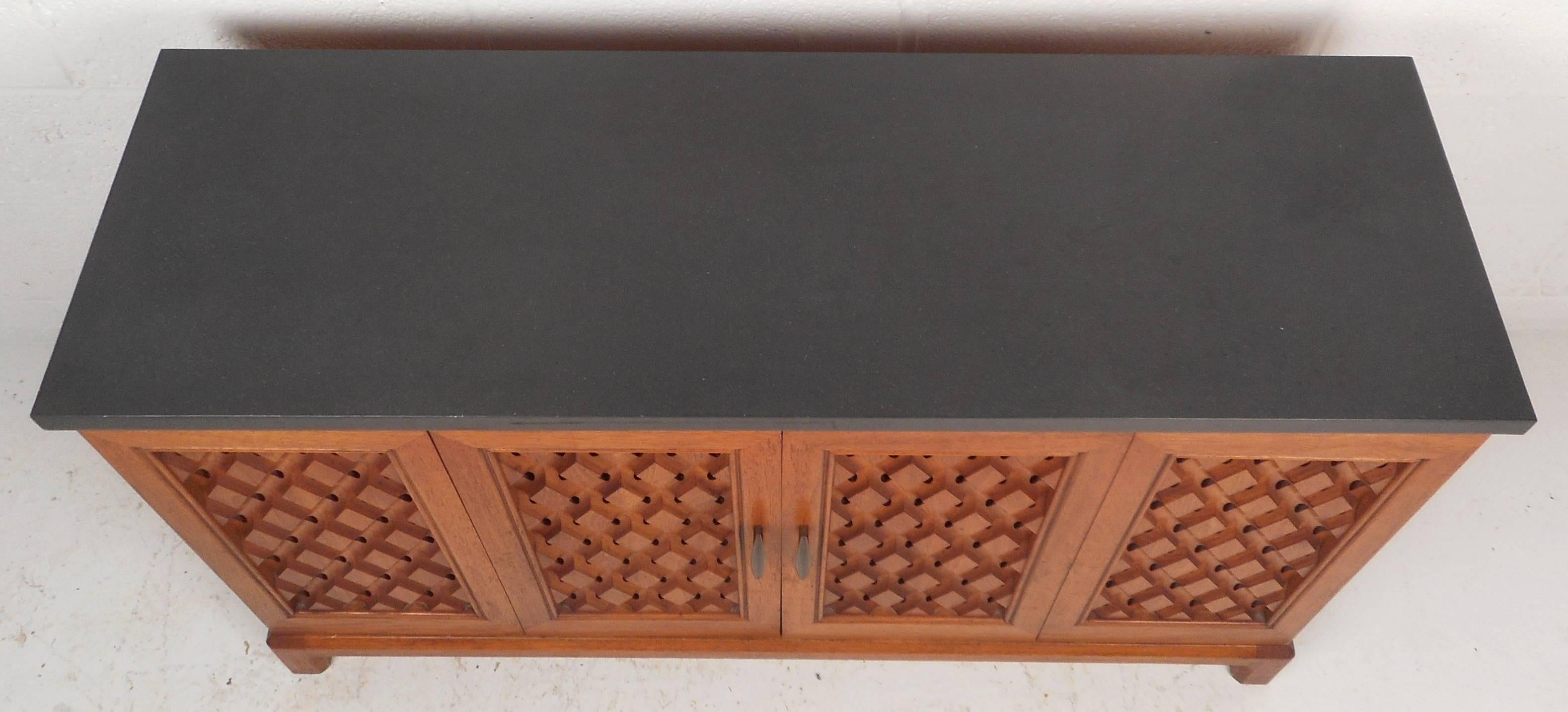 Small Mid-Century Modern Slate Top Credenza with a Finished Back In Good Condition In Brooklyn, NY