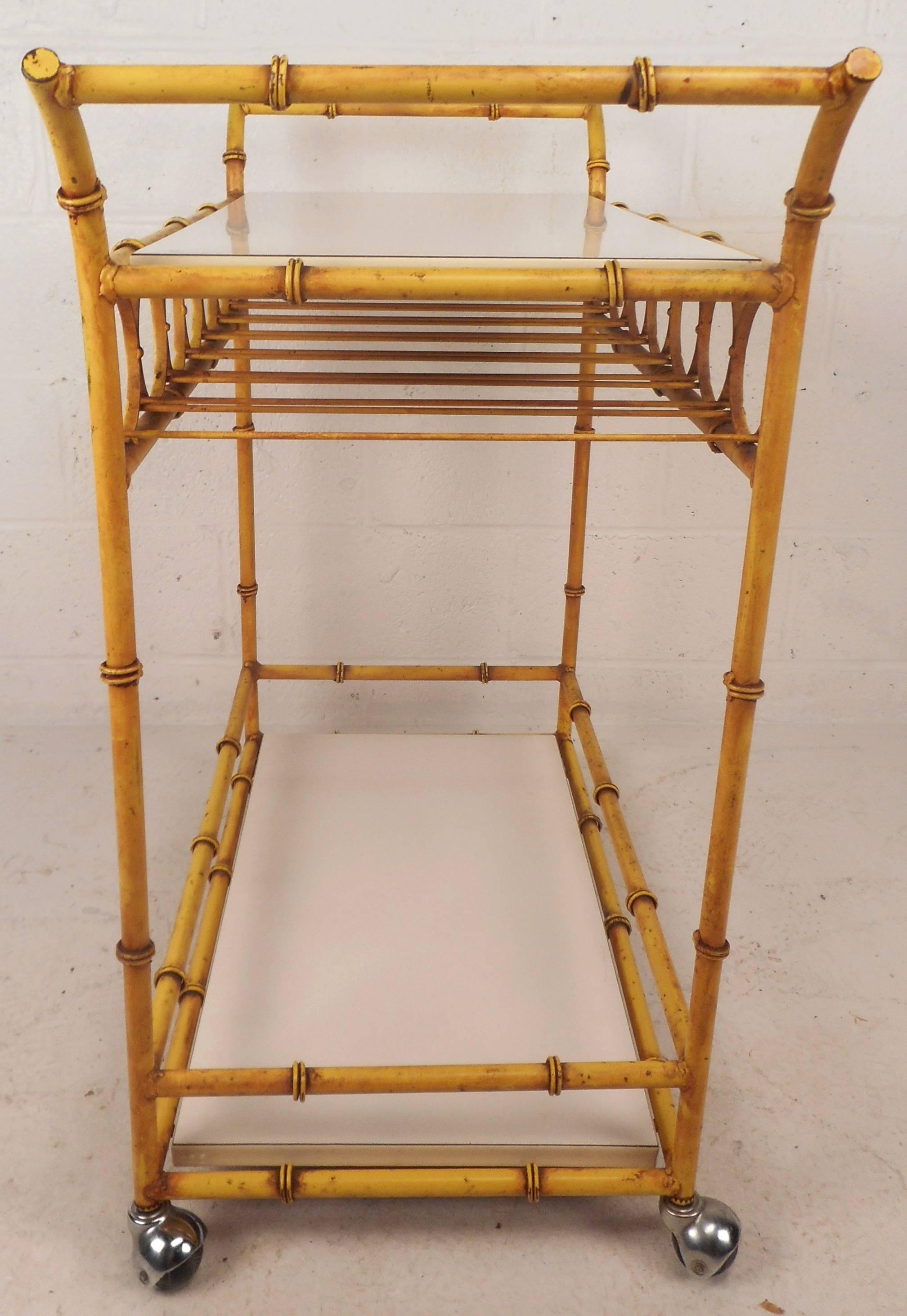 French Mid-Century Modern Maison Baguès Style Two-Tier Iron Faux Bamboo Bar Cart