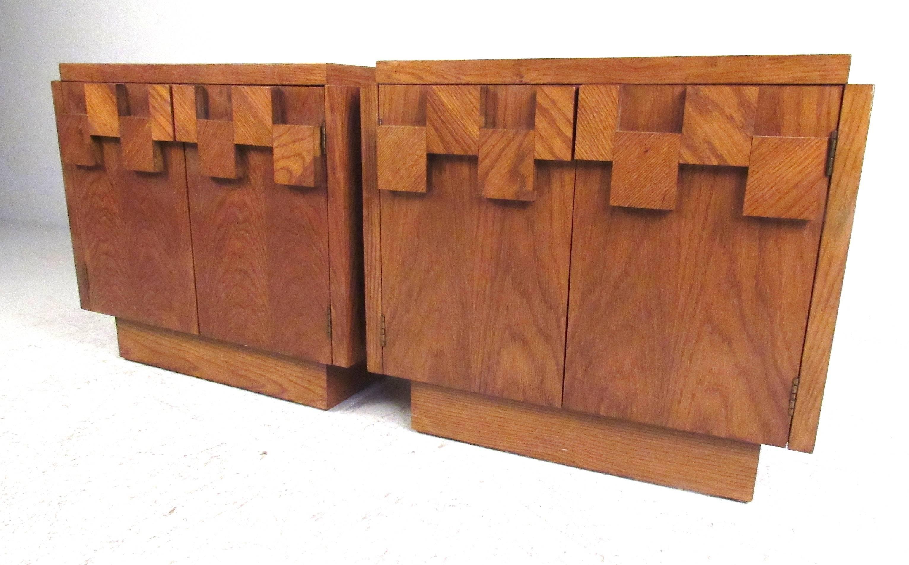 Pair of Lane Altavista Brutalist nightstands from the Mosaic collection. Matching chifferobe, dresser and headboard are available. Please confirm item location (NY or NJ) with dealer.