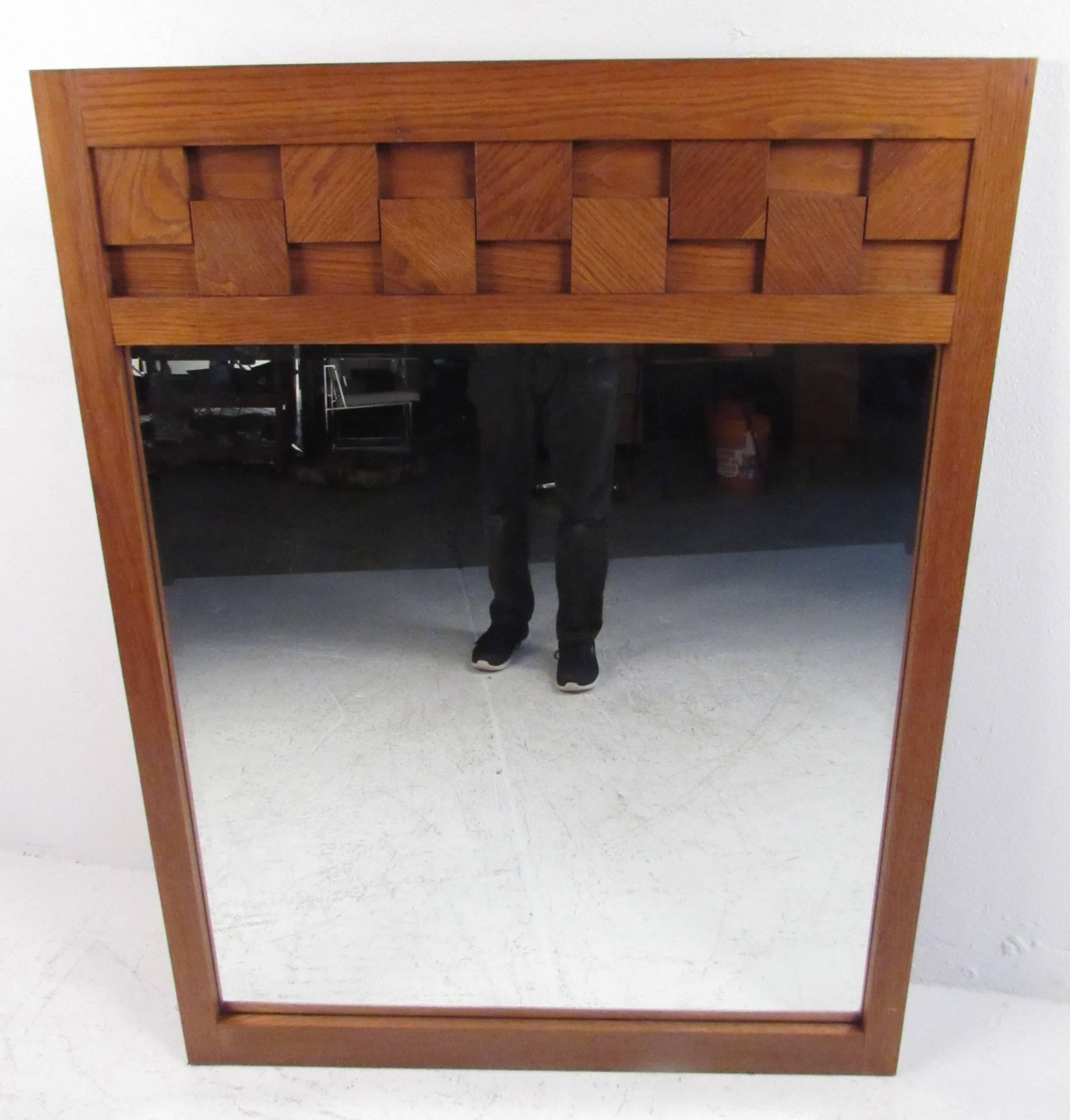 Lane Brutalist Style Oak Frame Mirror In Good Condition For Sale In Brooklyn, NY