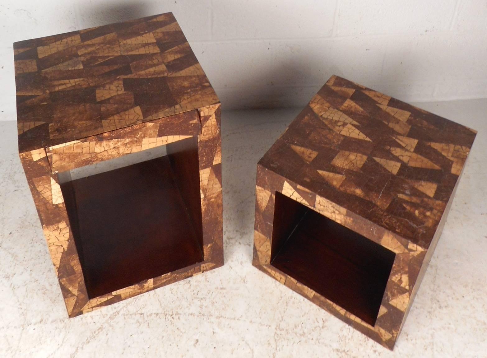 Late 20th Century Mid-Century Modern Augousti Style Coconut Shell Inlay End Tables For Sale