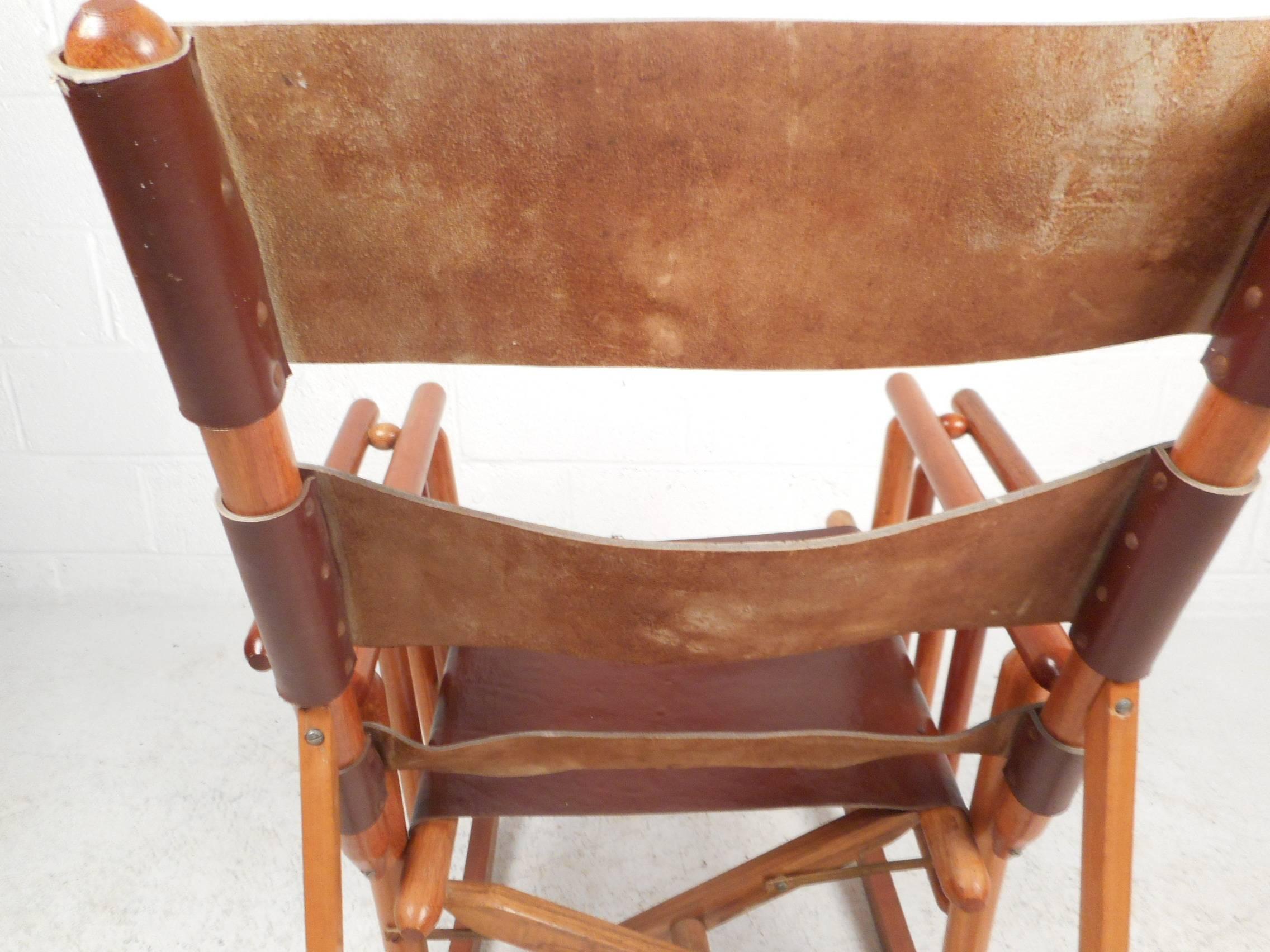 Late 20th Century Mid-Century Modern Costa Rican Leather Campaign Folding Rocking Chair