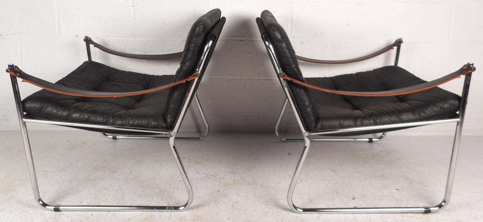 Scandinavian Modern Unique Mid-Century Modern Safari Style Lounge Chairs with Leather Arm Rests