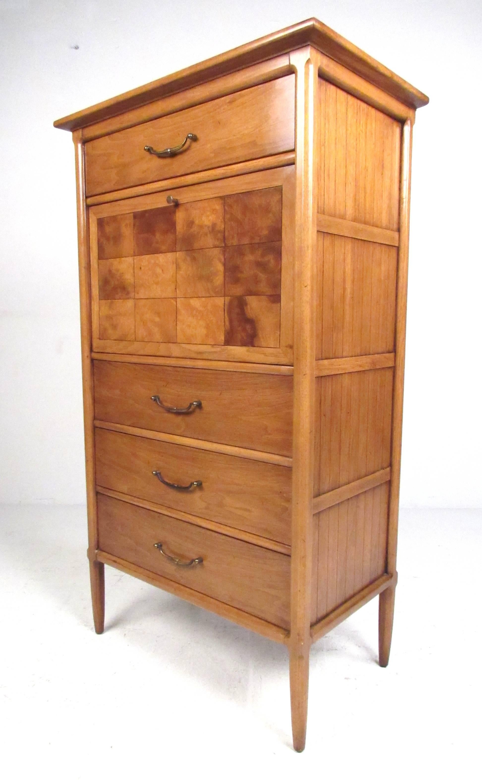 Unique highboy dresser with burl wood drop font writing surface with fitted insert. Additional storage drawers above and below. Please confirm item location (NY or NJ) with dealer.