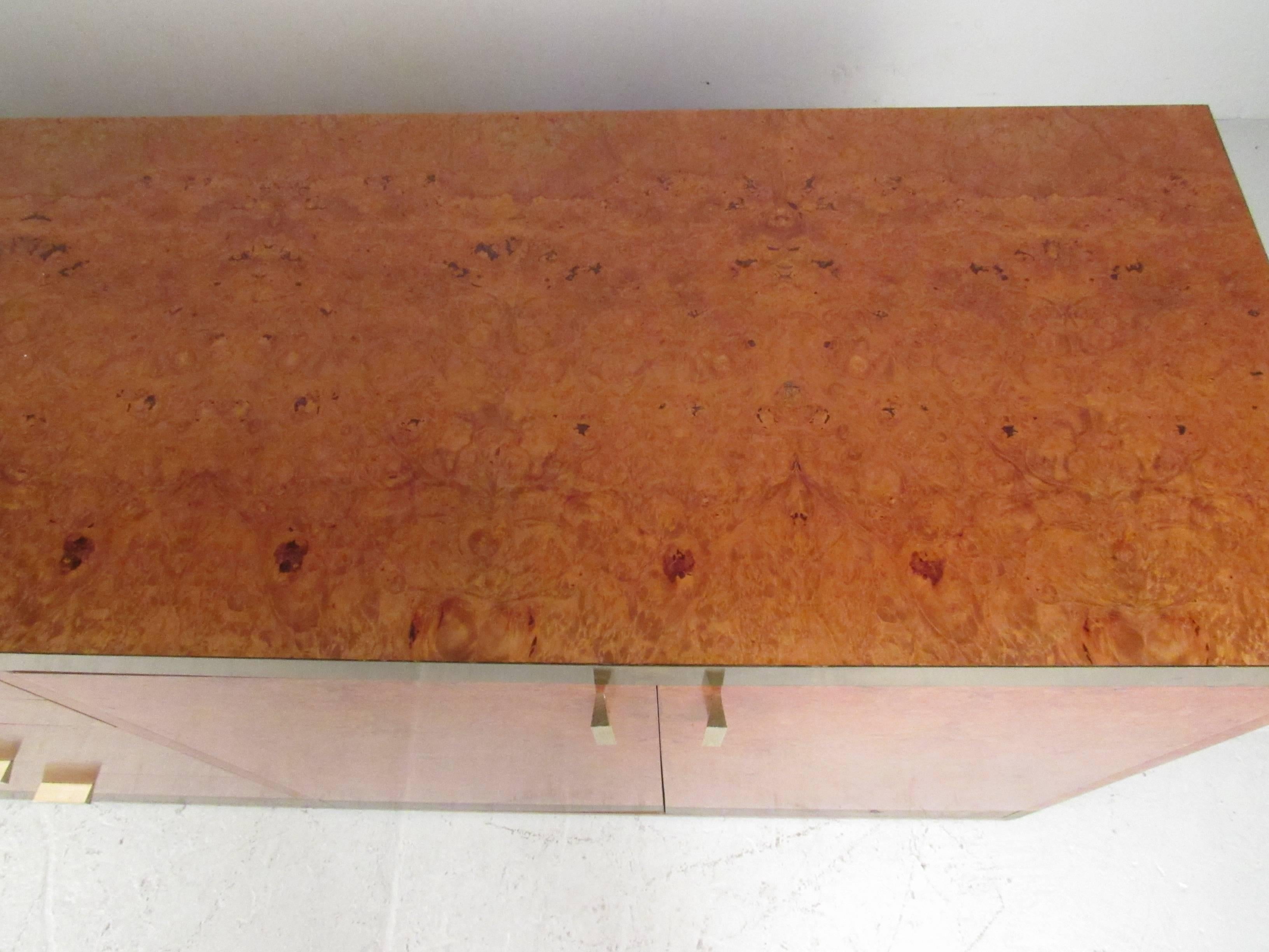 Late 20th Century Willy Rizzo Style Brass and Burl Wood Credenza