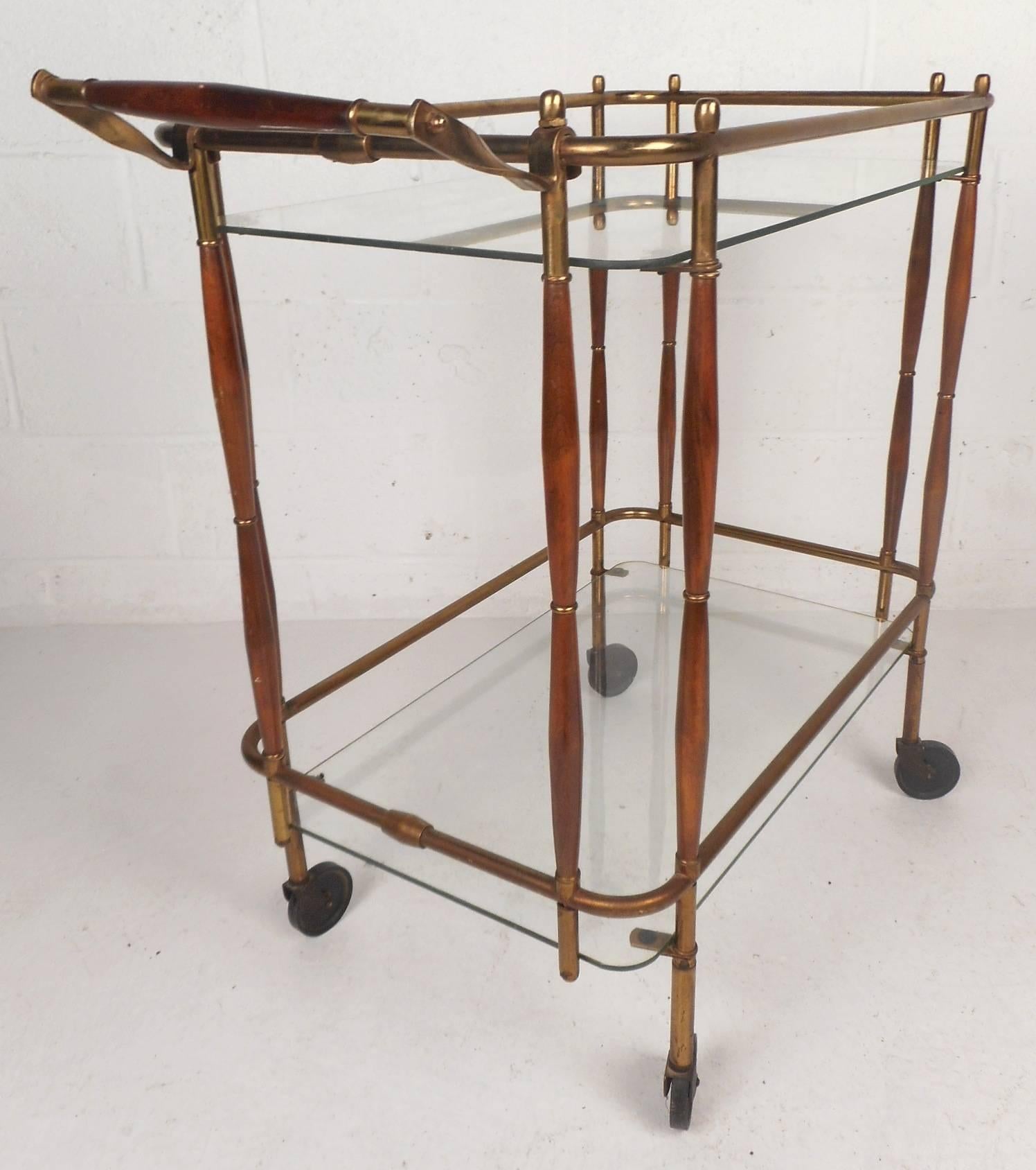 Unique Mid-Century Modern Brass and Wood Rolling Bar Cart 1