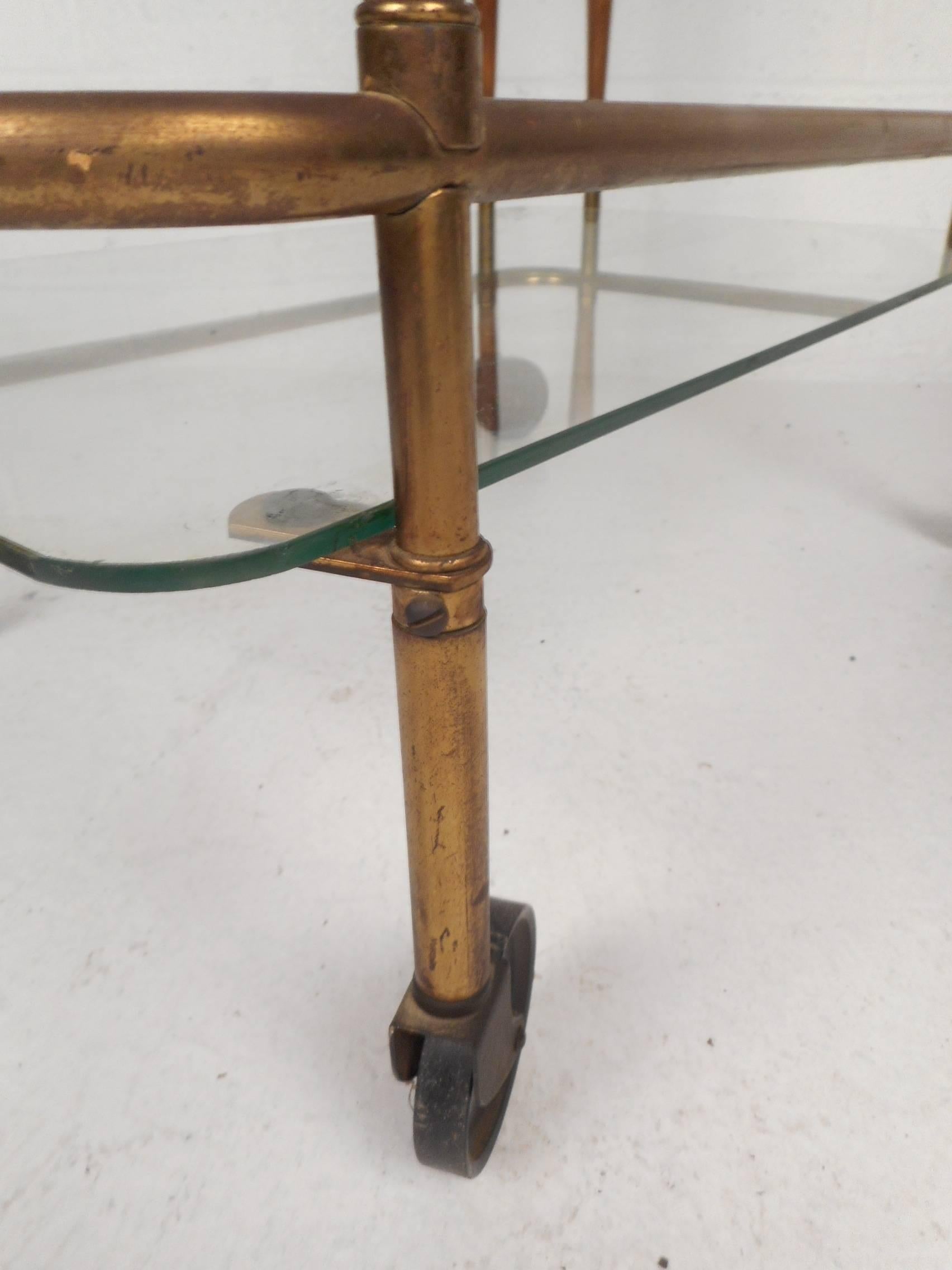 Unique Mid-Century Modern Brass and Wood Rolling Bar Cart 6
