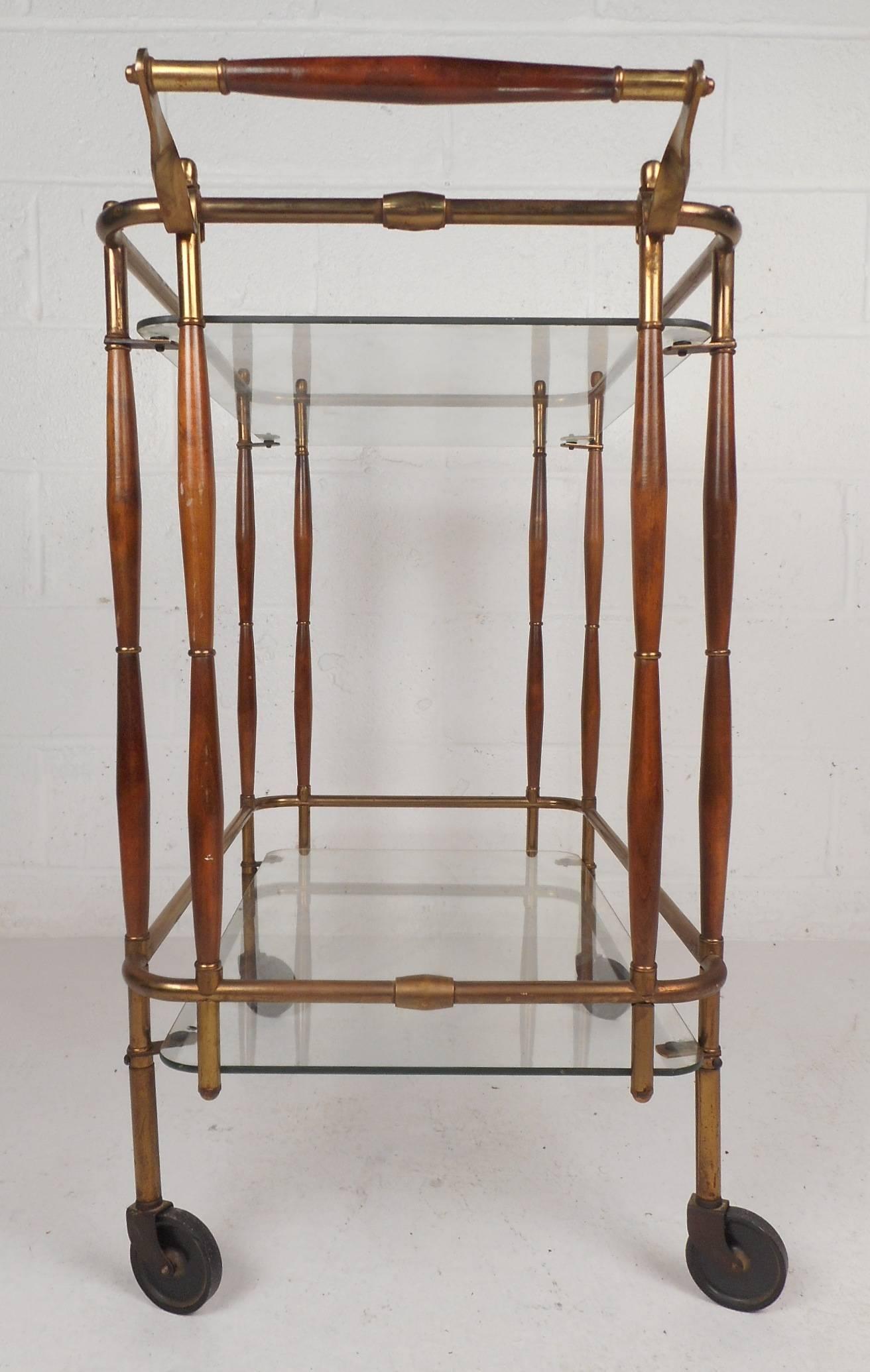Late 20th Century Unique Mid-Century Modern Brass and Wood Rolling Bar Cart