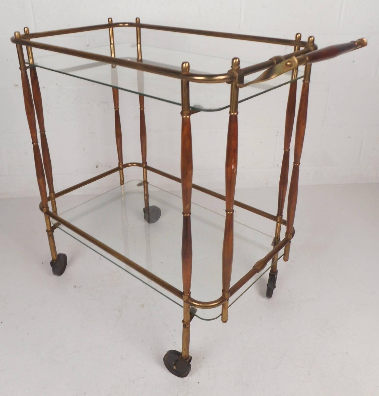 Unique Mid-Century Modern Brass and Wood Rolling Bar Cart In Good Condition In Brooklyn, NY
