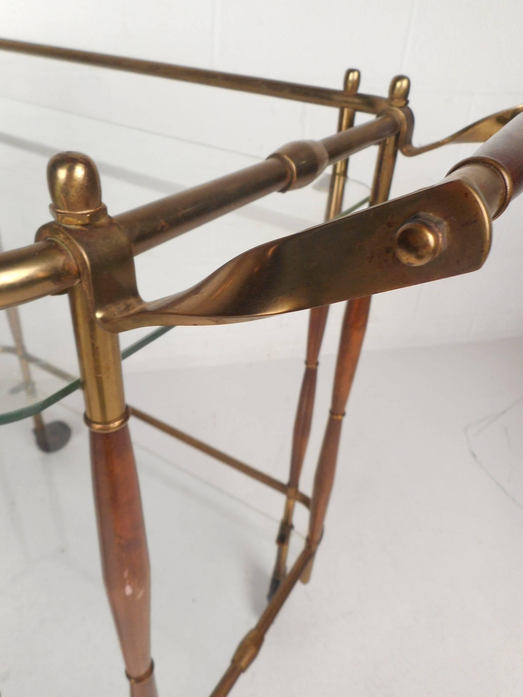 Unique Mid-Century Modern Brass and Wood Rolling Bar Cart 2