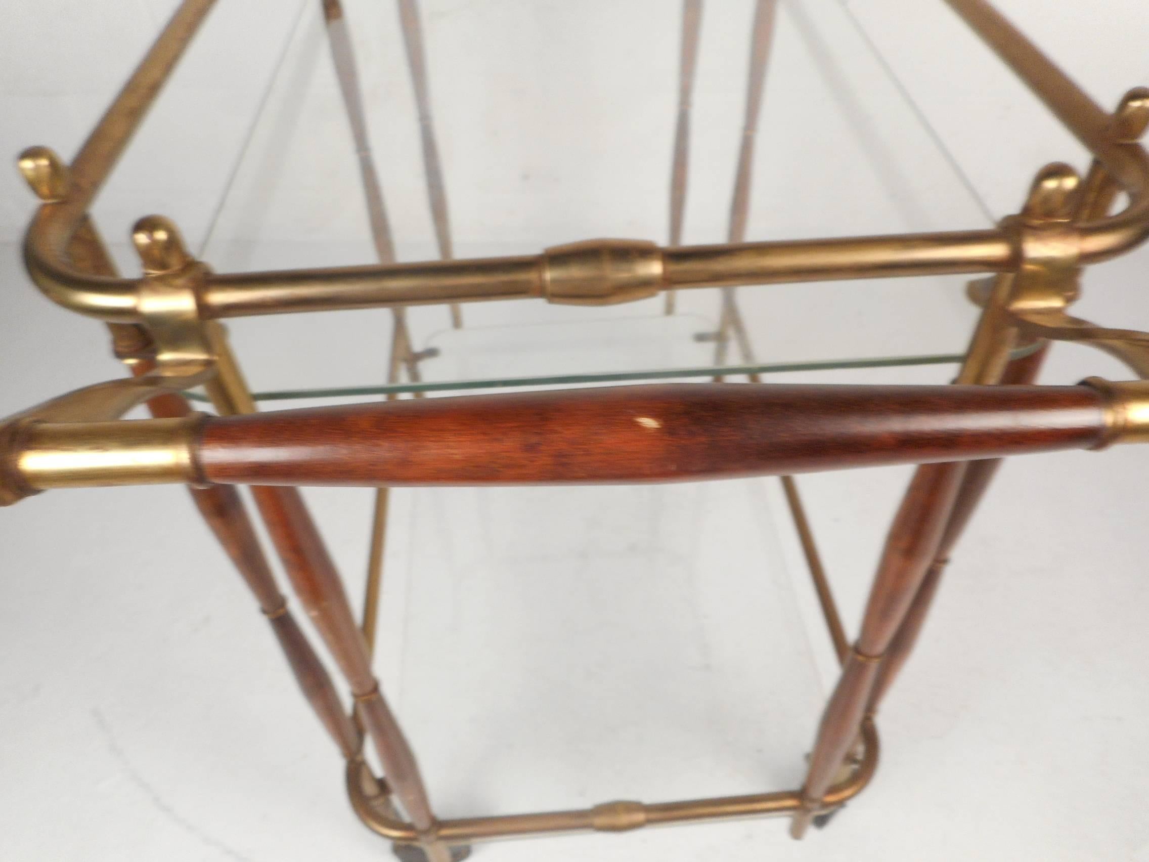 Unique Mid-Century Modern Brass and Wood Rolling Bar Cart 3