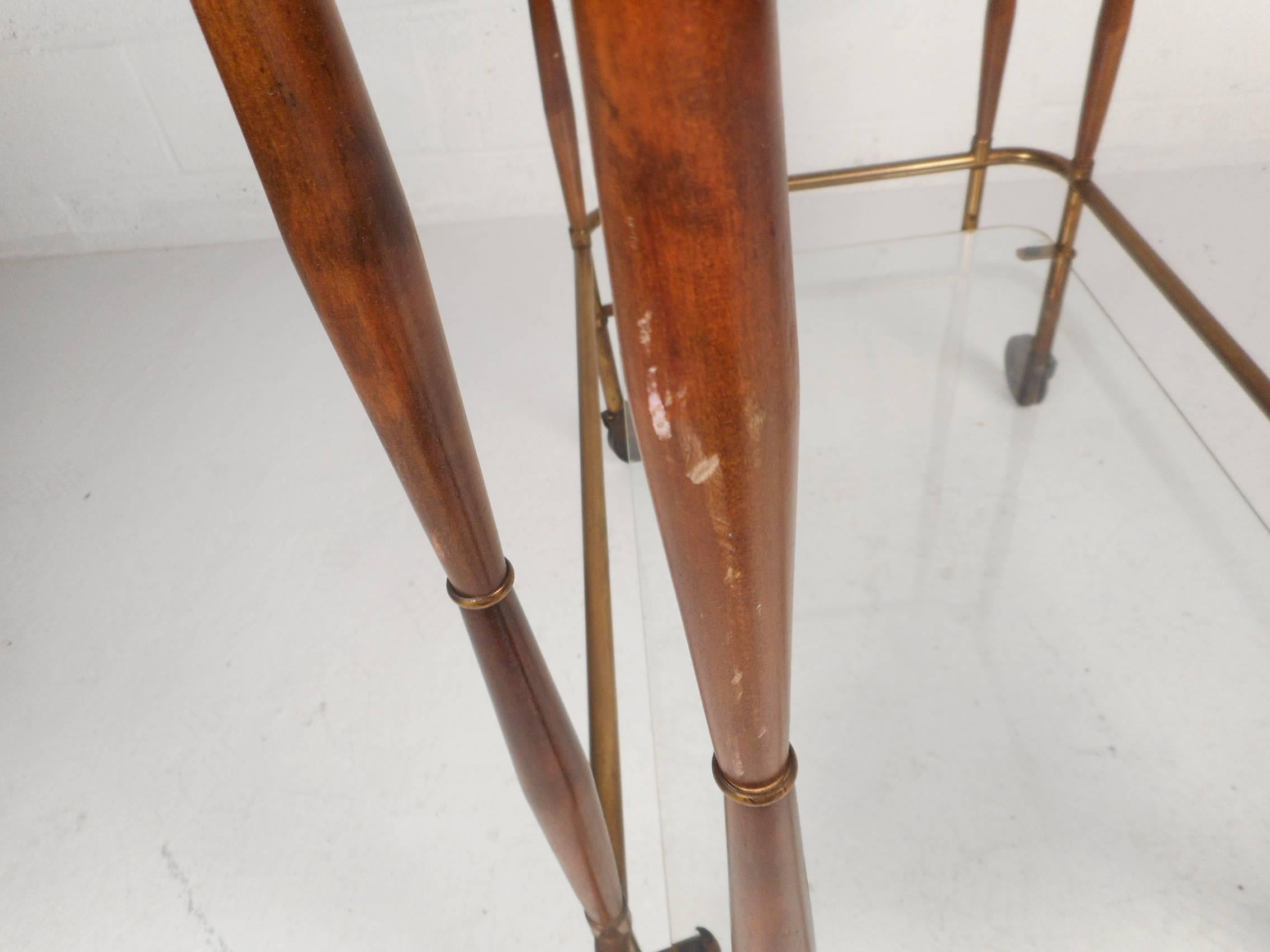 Unique Mid-Century Modern Brass and Wood Rolling Bar Cart 5