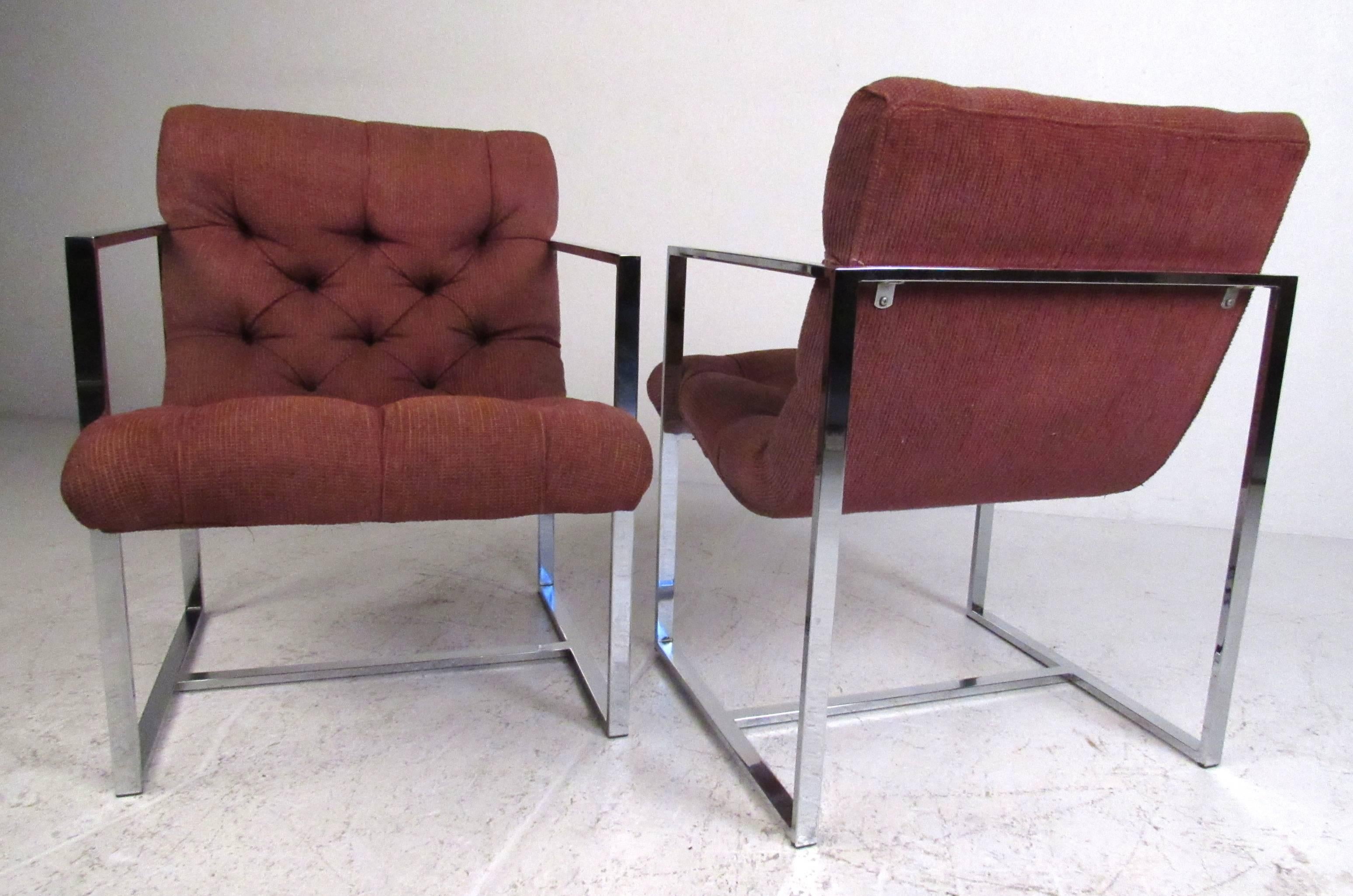 Stylish flat bar chrome frame side chairs with deep tufted upholstery in the manner of Milo Baughman. Very comfortable and attractive in both the home or office setting. Please confirm item location (NY or NJ) with dealer.