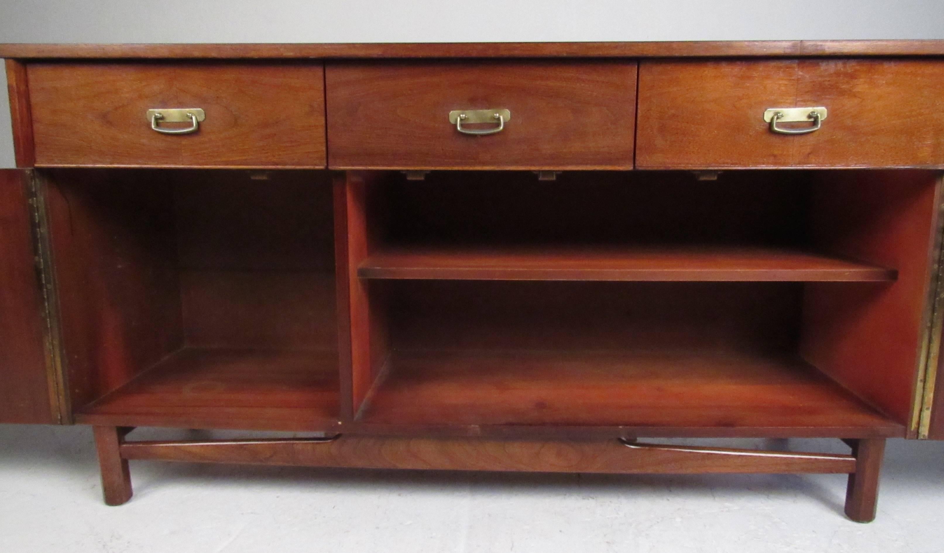 Mid-Century Modern Walnut + Brass Credenza by Young Manufacturing Co. For Sale