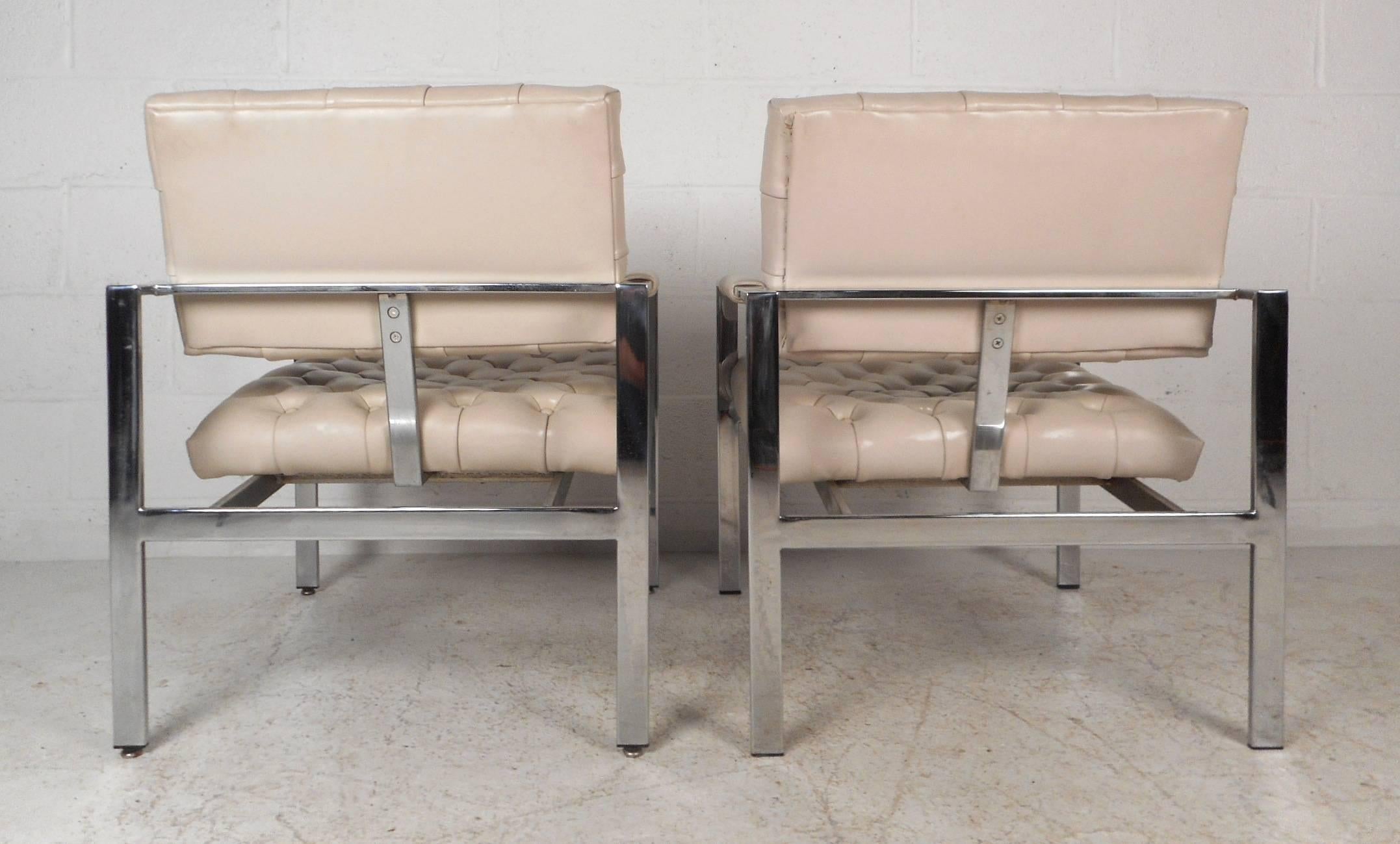 Late 20th Century Mid-Century Modern Vinyl Tufted Lounge Chairs by Milo Baughman for Thayer Coggin
