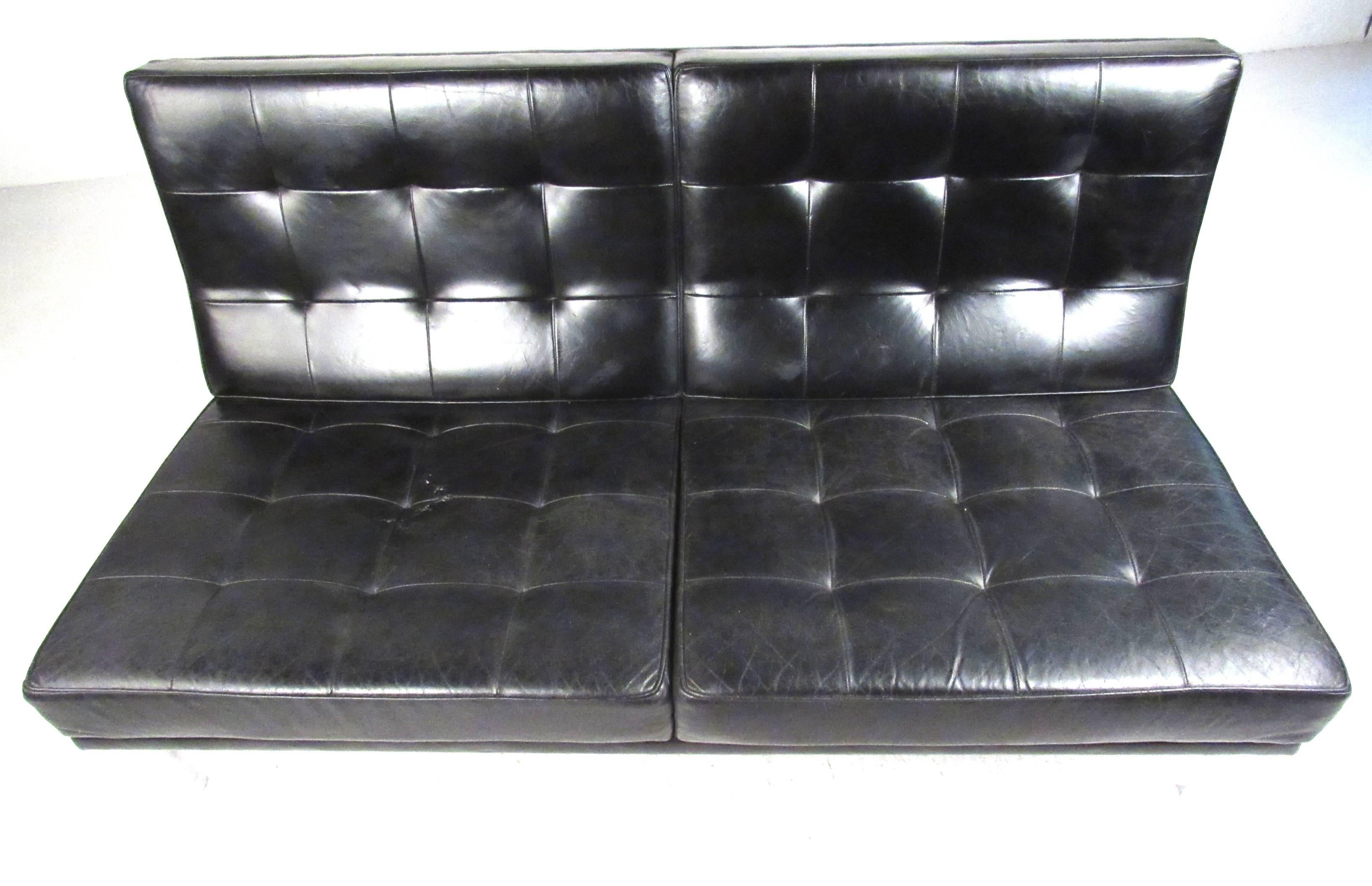Mid-Century Modern Early Knoll Tufted Leather Armless Sofa