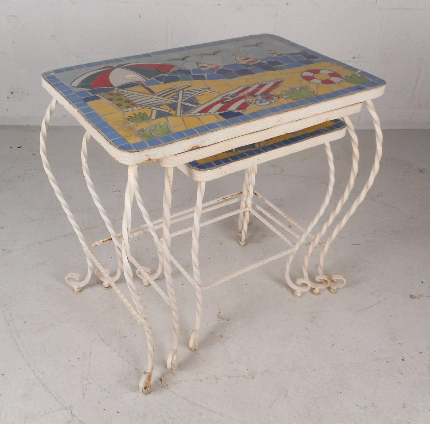 Mid-Century Modern Set of Vintage Tile Top and Iron Nesting Tables with Beach Display