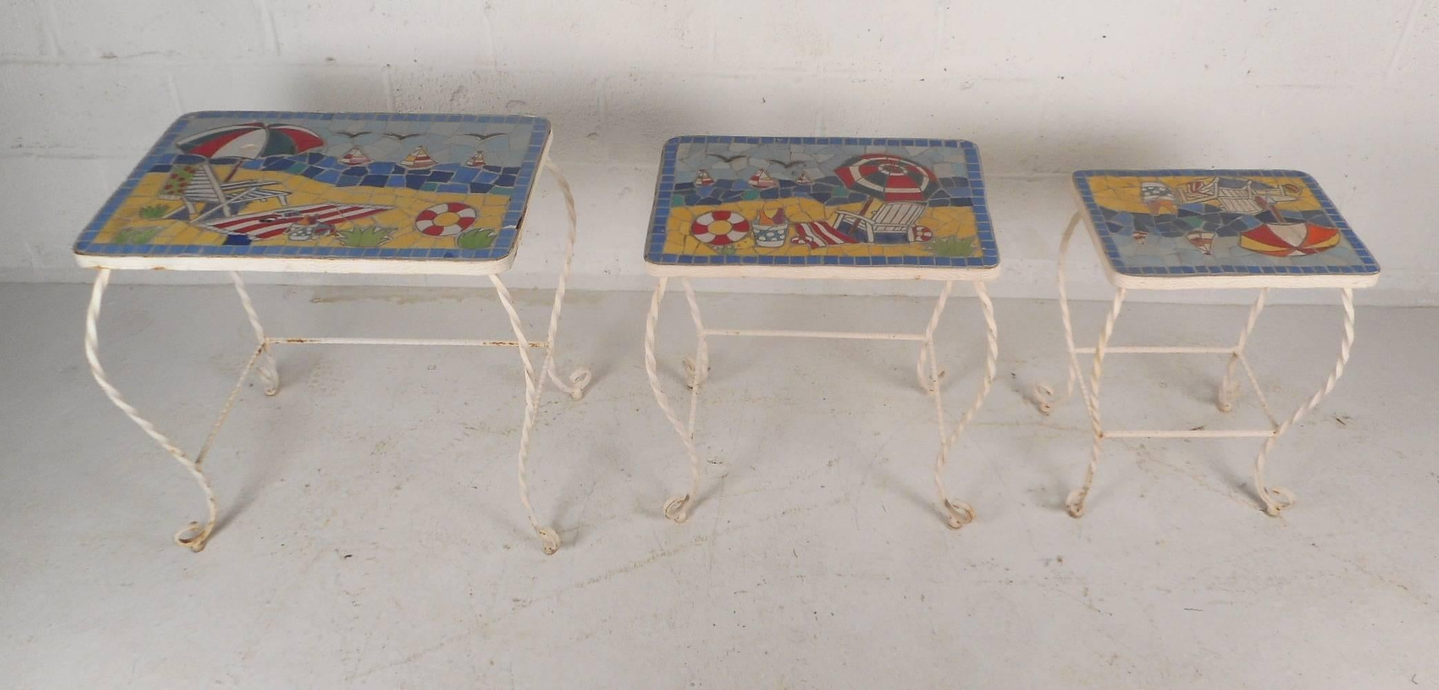 Set of Vintage Tile Top and Iron Nesting Tables with Beach Display In Good Condition In Brooklyn, NY