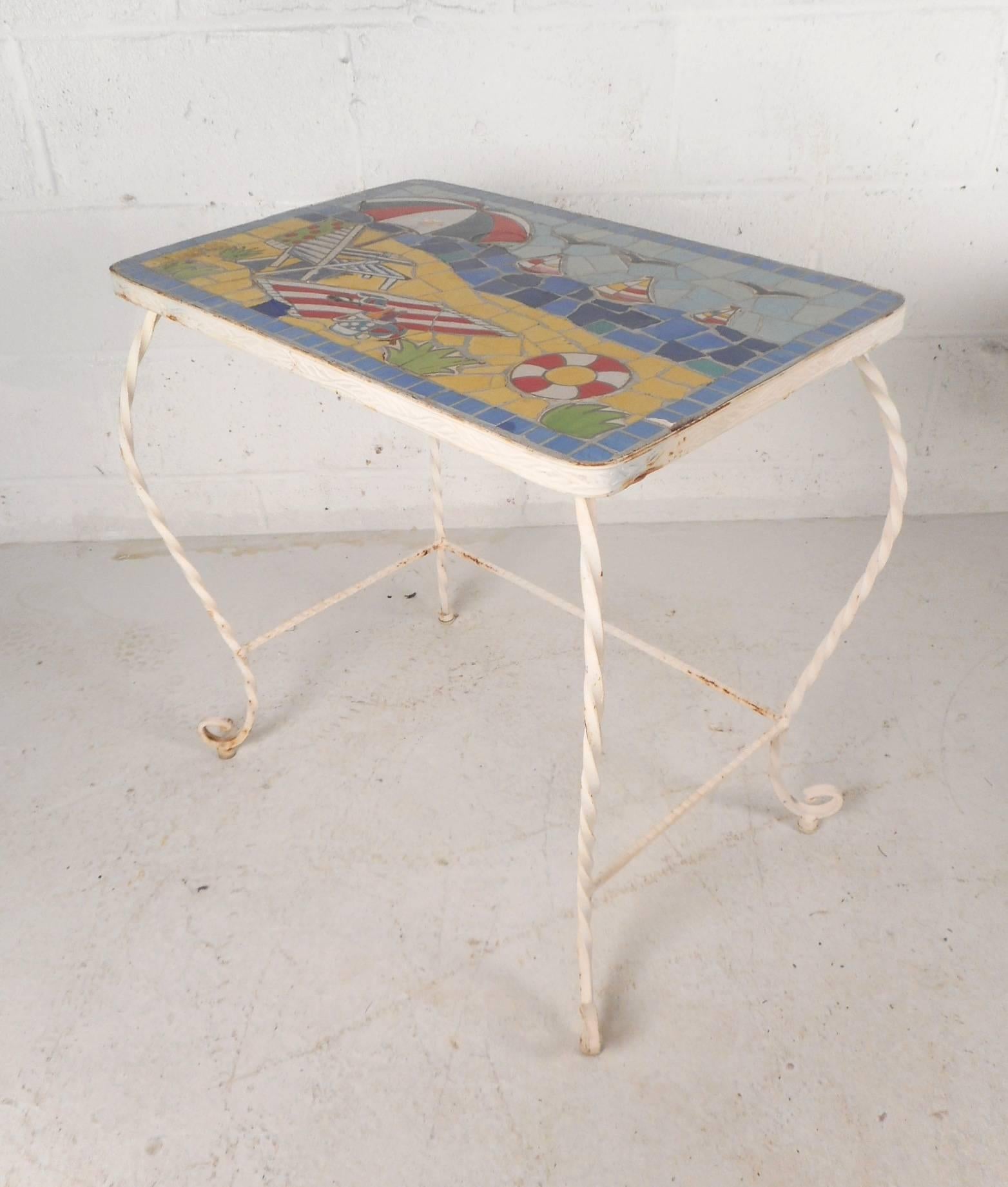 Mid-20th Century Set of Vintage Tile Top and Iron Nesting Tables with Beach Display