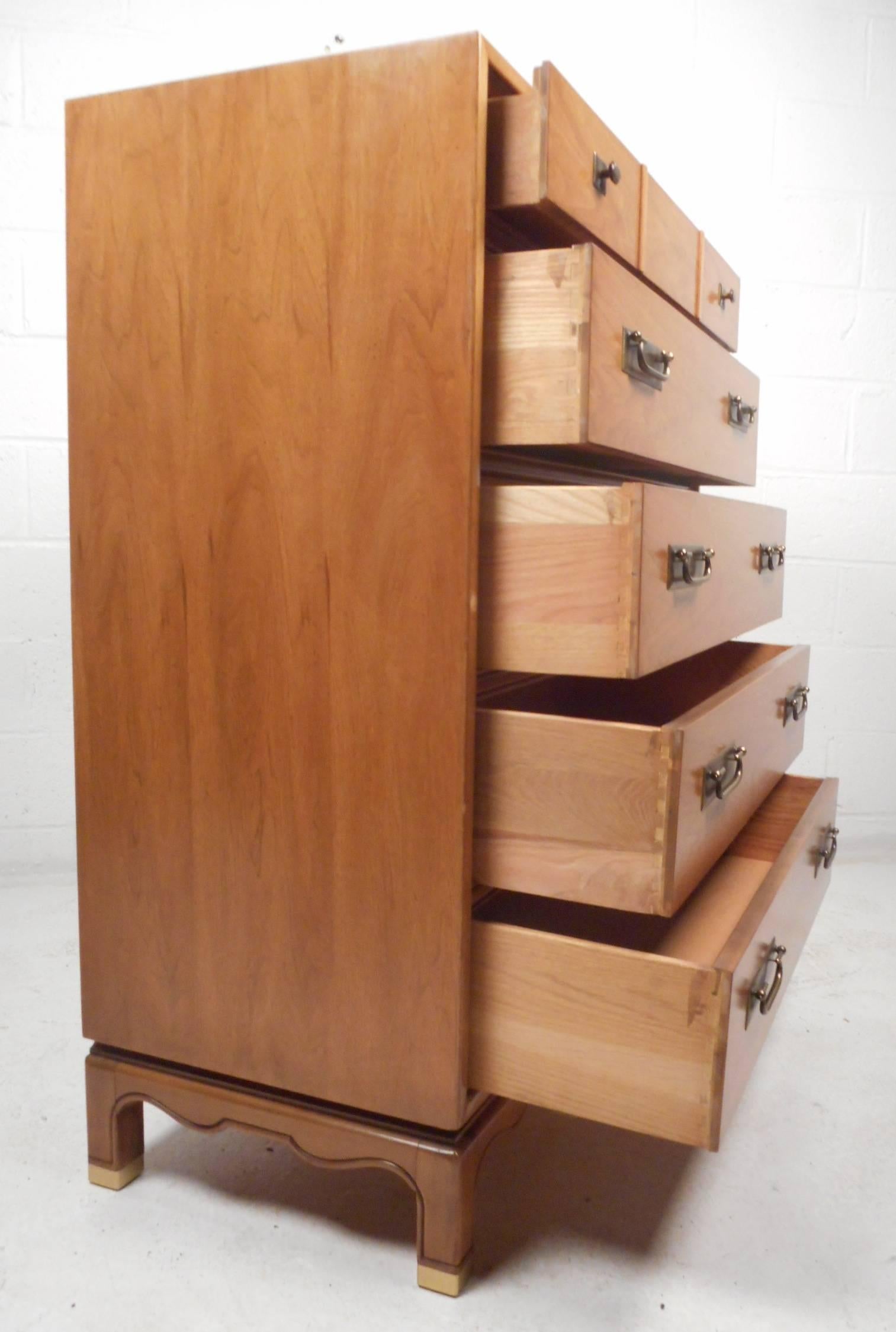Brass Mid-Century Modern Walnut High Boy Dresser