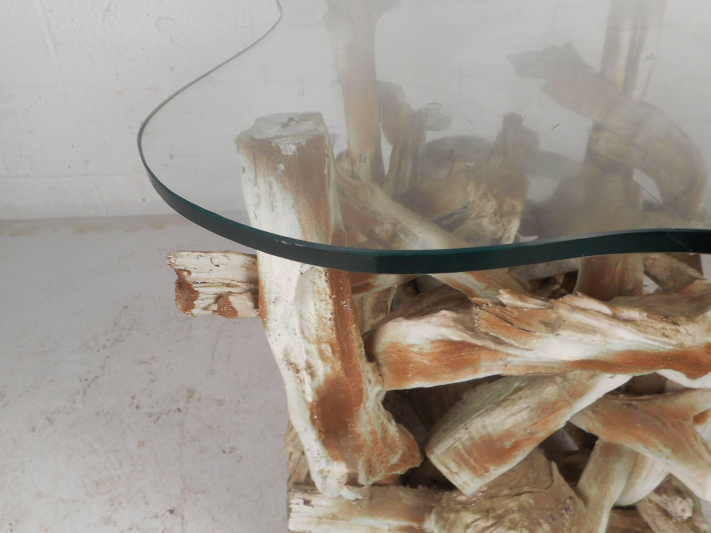 Glass Mid-Century Modern Amoeba Shaped Driftwood End Table For Sale