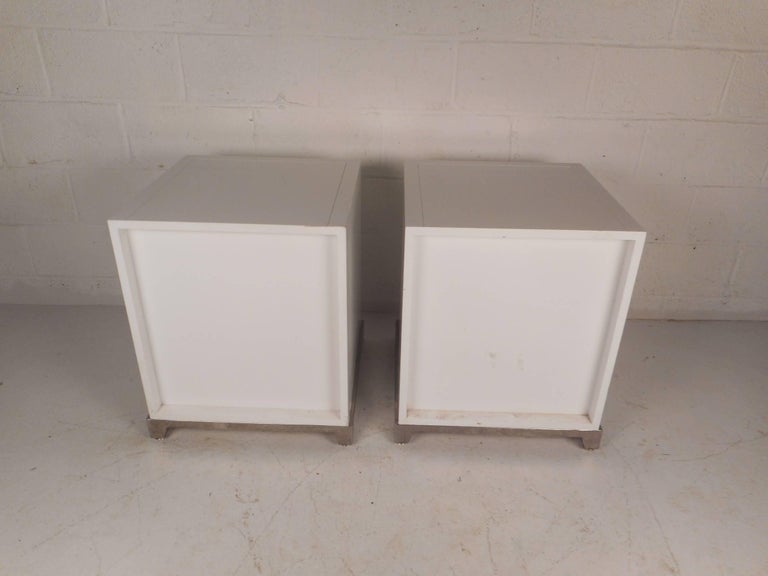 Chrome Pair of Mid-Century Modern White Laminate Nightstands For Sale