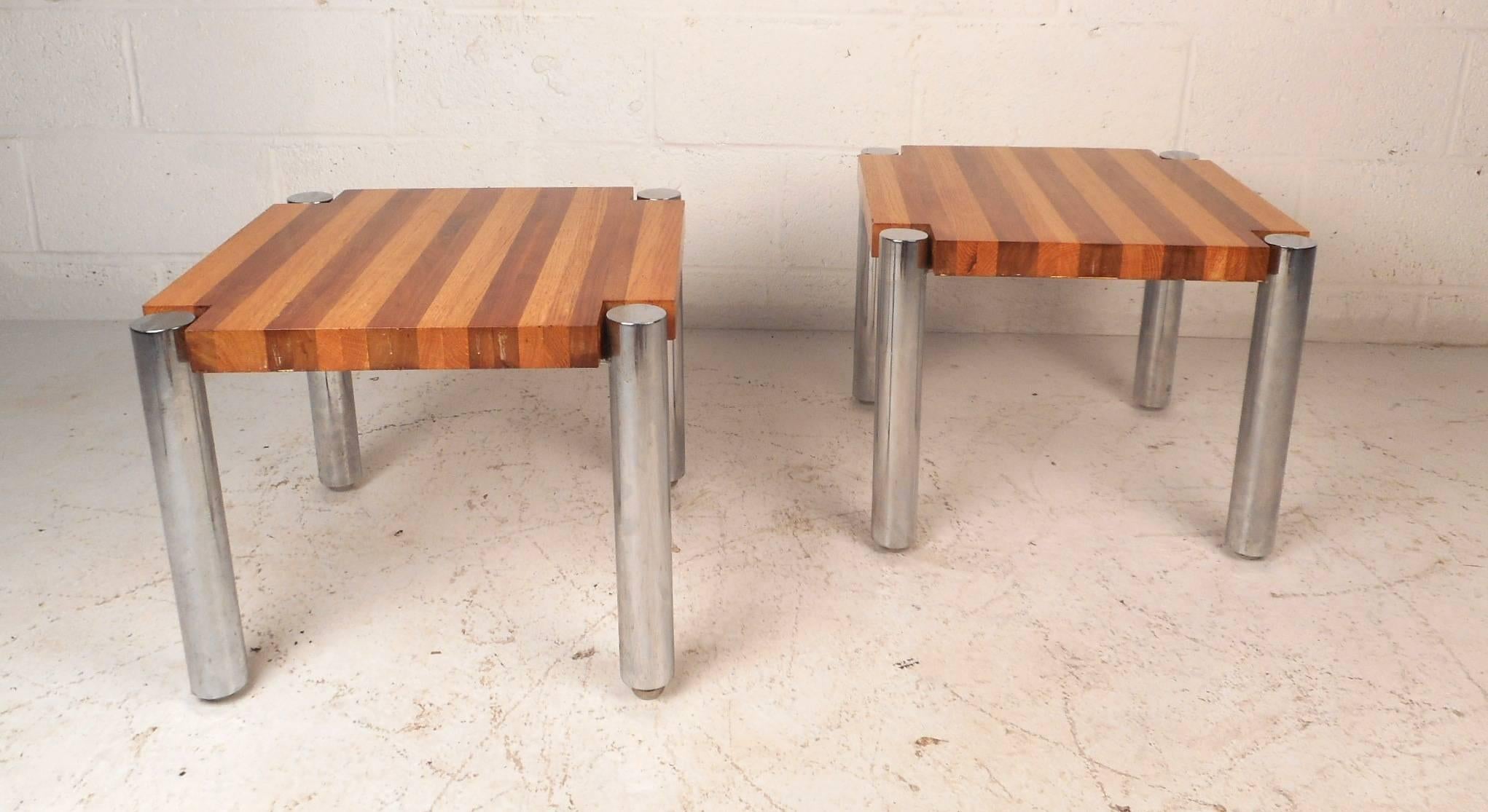Mid-Century Modern Teak End Tables with Chrome Legs In Good Condition In Brooklyn, NY