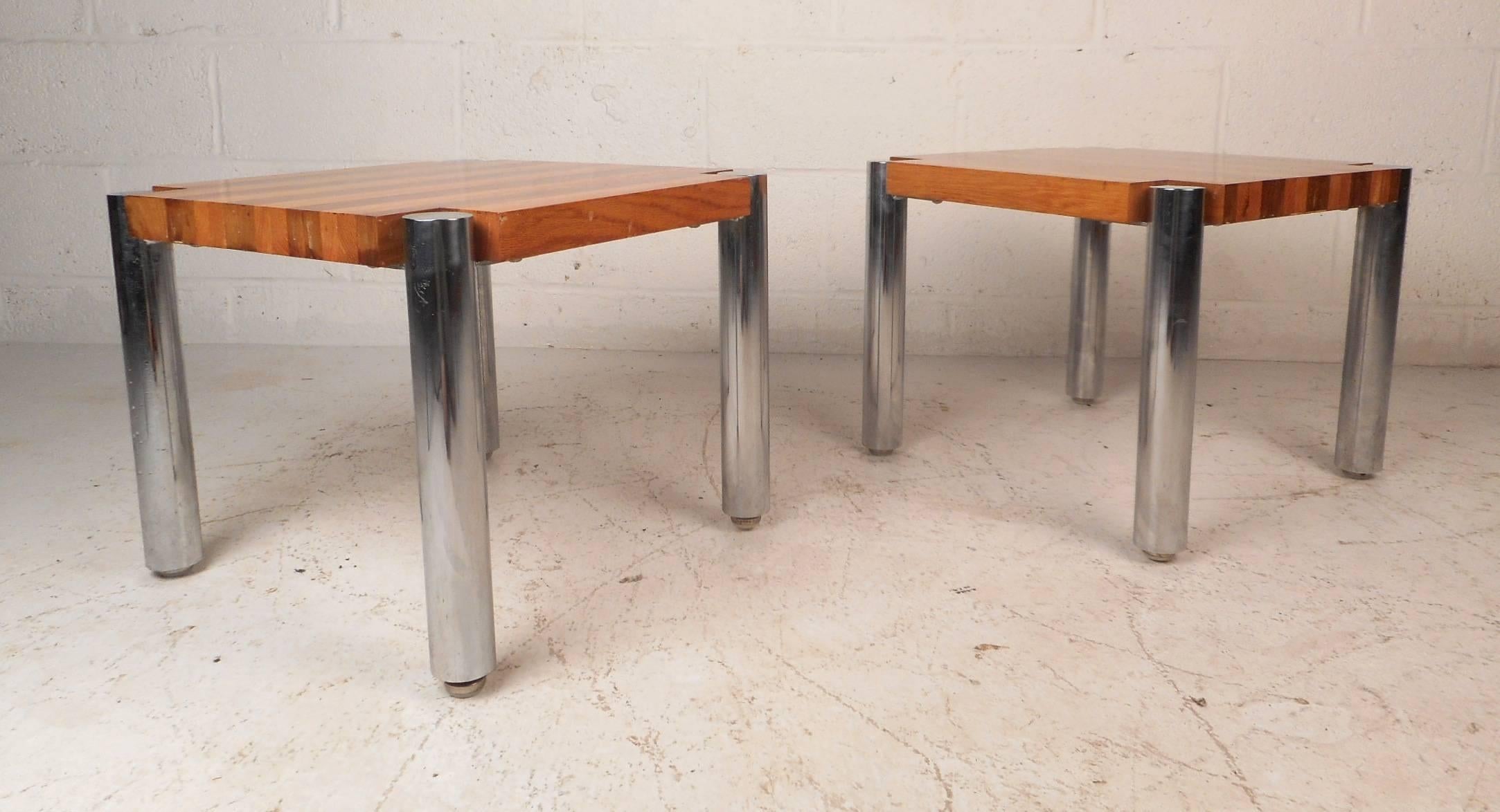 Late 20th Century Mid-Century Modern Teak End Tables with Chrome Legs