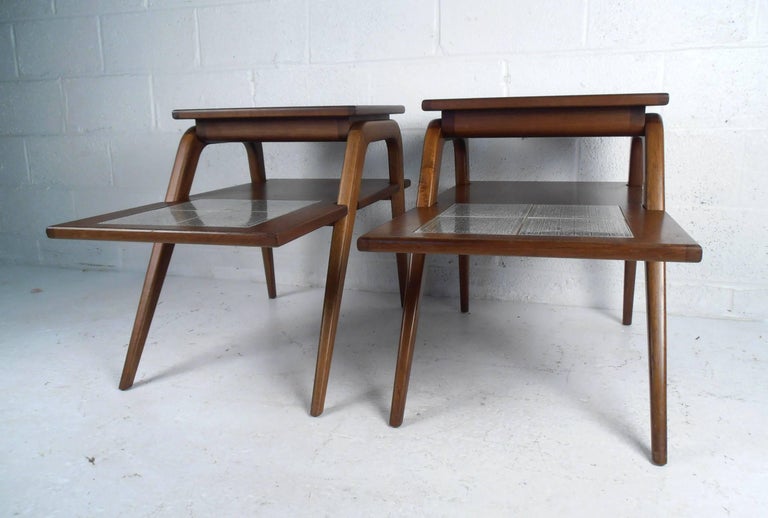 Pair Of Mid Century Modern Two Tier End Tables With Tile Inlay For
