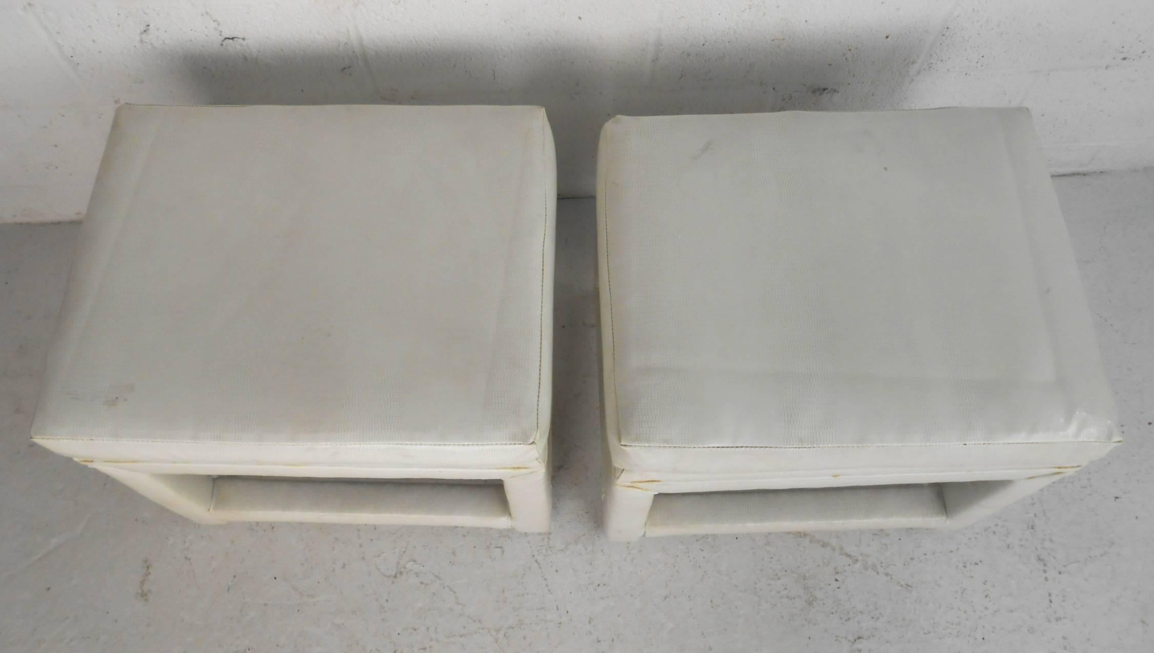 Pair of Mid-Century Modern White Faux Snakeskin Ottomans For Sale 1