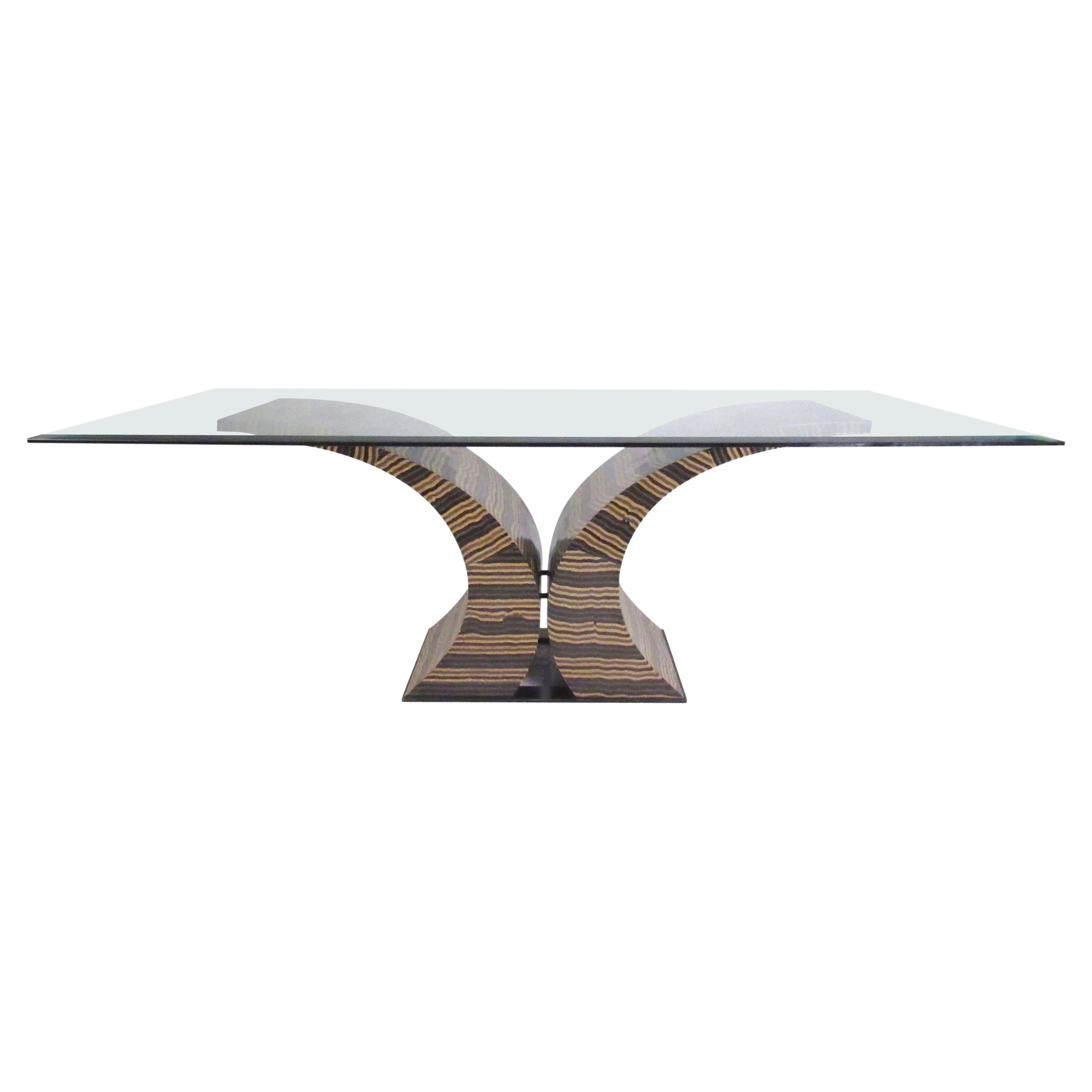 This large-scale dining table features sculptural pedestal style base with thick bevelled glass top. Unique decorators style makes this impressive table a memorable addition to home or business setting. Please confirm item location (NY or NJ).

Base