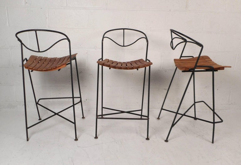 Amazing Set of Three Wrought Iron Bar Stools by Arthur Umanoff at 1stDibs