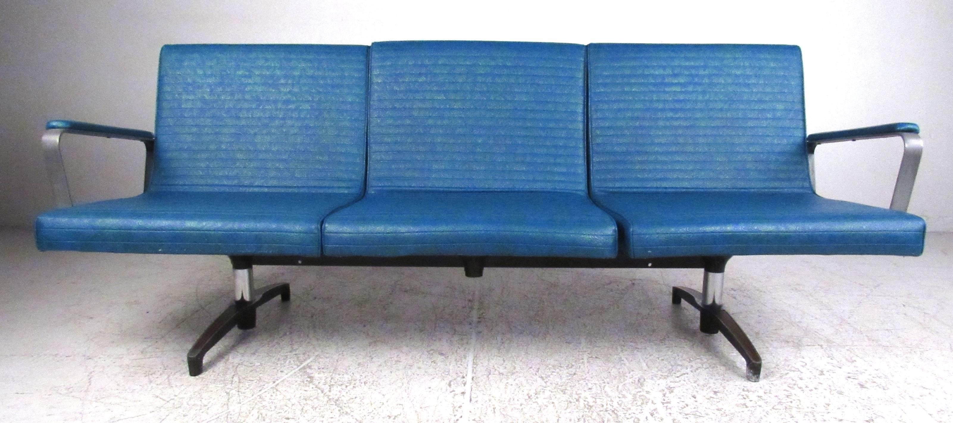 Stylish and well-made midcentury industrial seating by Chromcraft Inc., Senatobia, Miss. Constructed from high quality materials for use in offices, this colorful stamped vinyl upholstery and aluminum frame will complement the home as well. Please