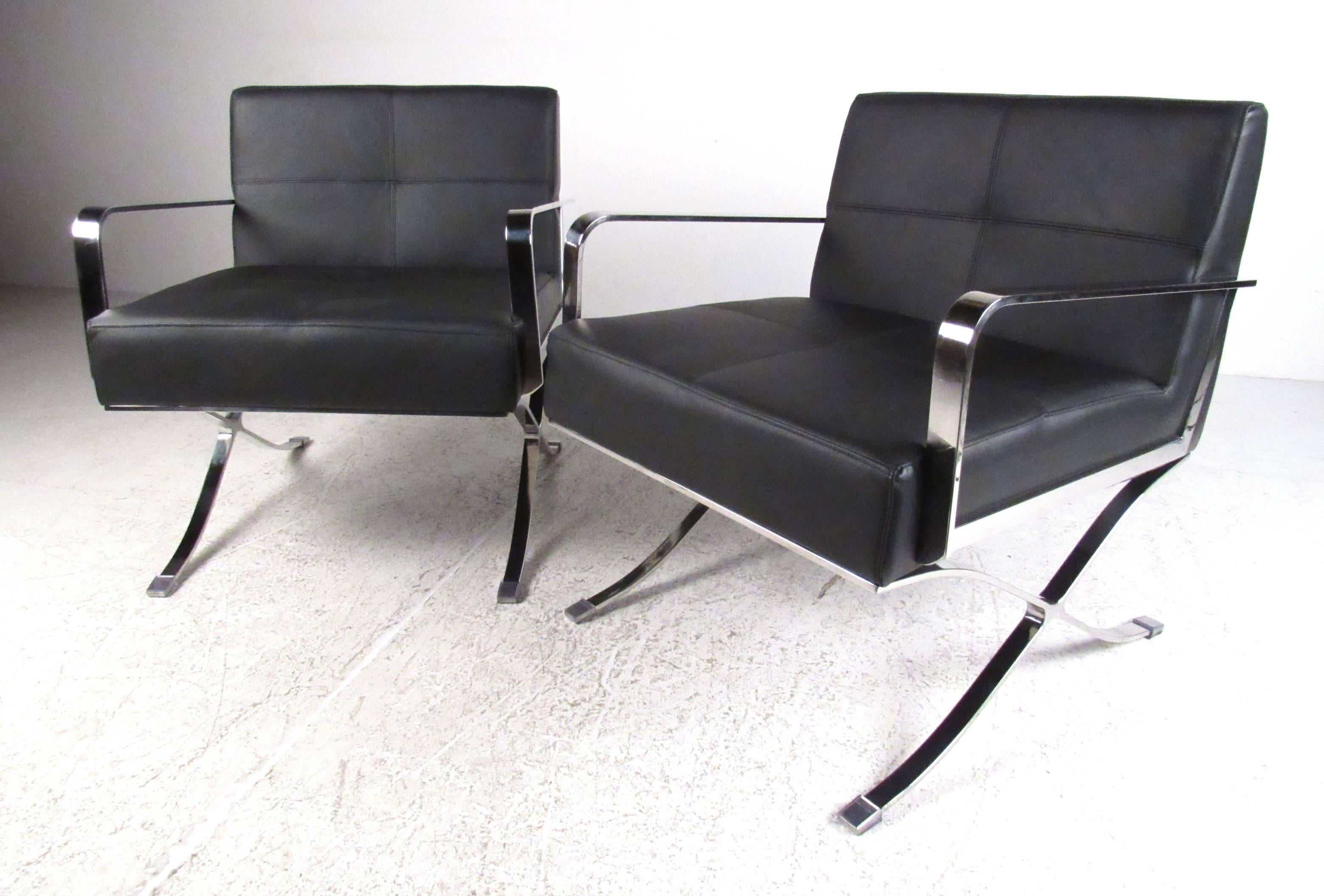 Very attractive and comfortable mid century modern style lounge chairs with heavy weight chrome frame and faux leather textured upholstery, Perfect addition to a contemporary home or office environment.