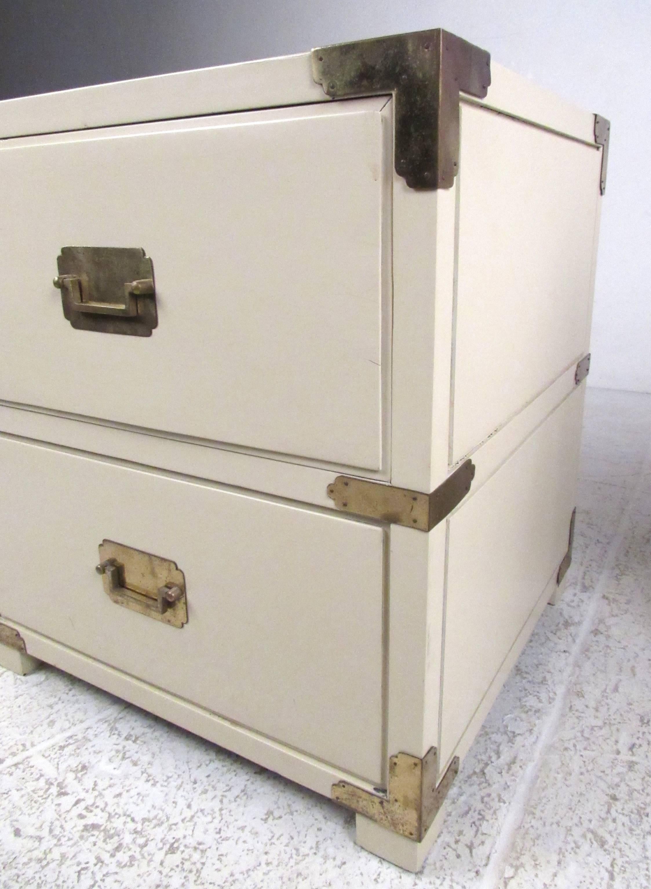 American Pair of Campaign Style Two-Drawer Nightstands