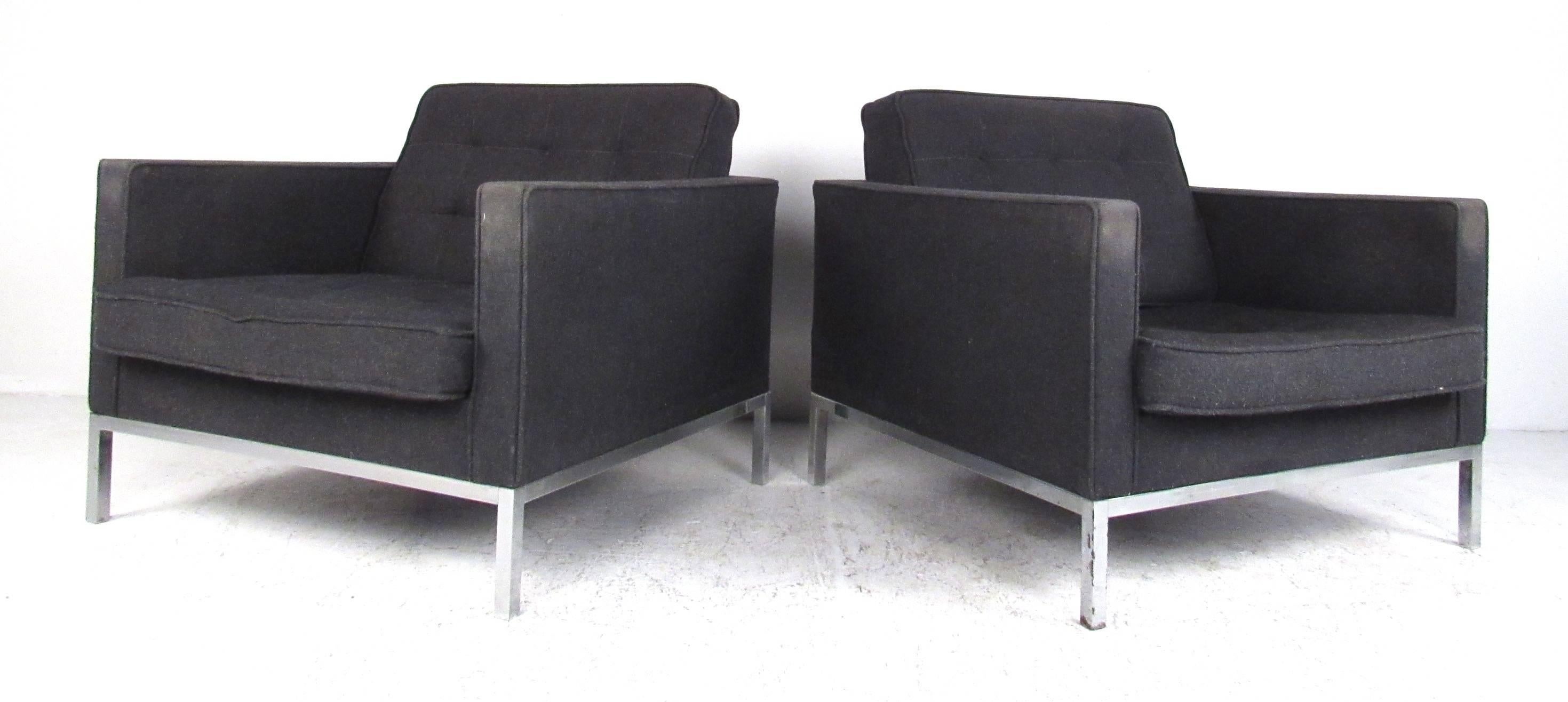 Pair of original Knoll club chairs with polished chrome bases designed by Florence Knoll, circa 1960s. Vintage condition with Knoll Associates Park Ave labels intact.
Please confirm item location (NY or NJ) with dealer.