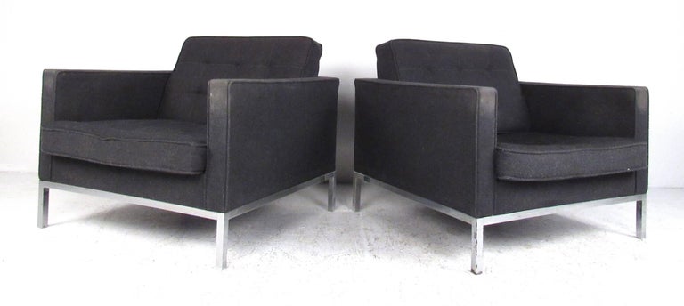 Pair of original Knoll club chairs with polished chrome bases designed by Florence Knoll, circa 1960s. Vintage condition with Knoll Associates Park Ave labels intact.
Please confirm item location (NY or NJ) with dealer.