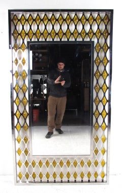 Large Midcentury Chrome and Amber Blown Glass Mirror