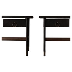 Pair of Jacques Adnet Leather and Glass Side Tables
