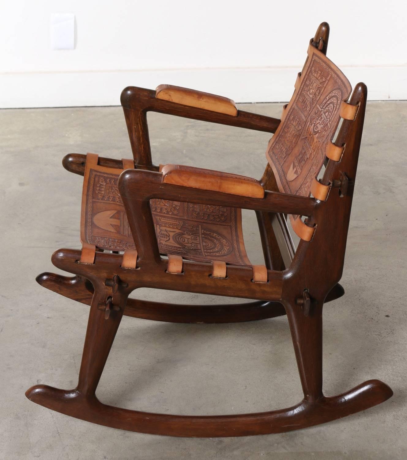 Mid-Century Modern South American Wood and Tooled Leather Rocking Chairs, circa 1960s