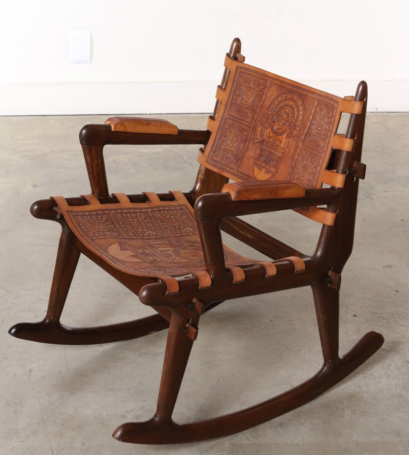 Mid-20th Century South American Wood and Tooled Leather Rocking Chairs, circa 1960s