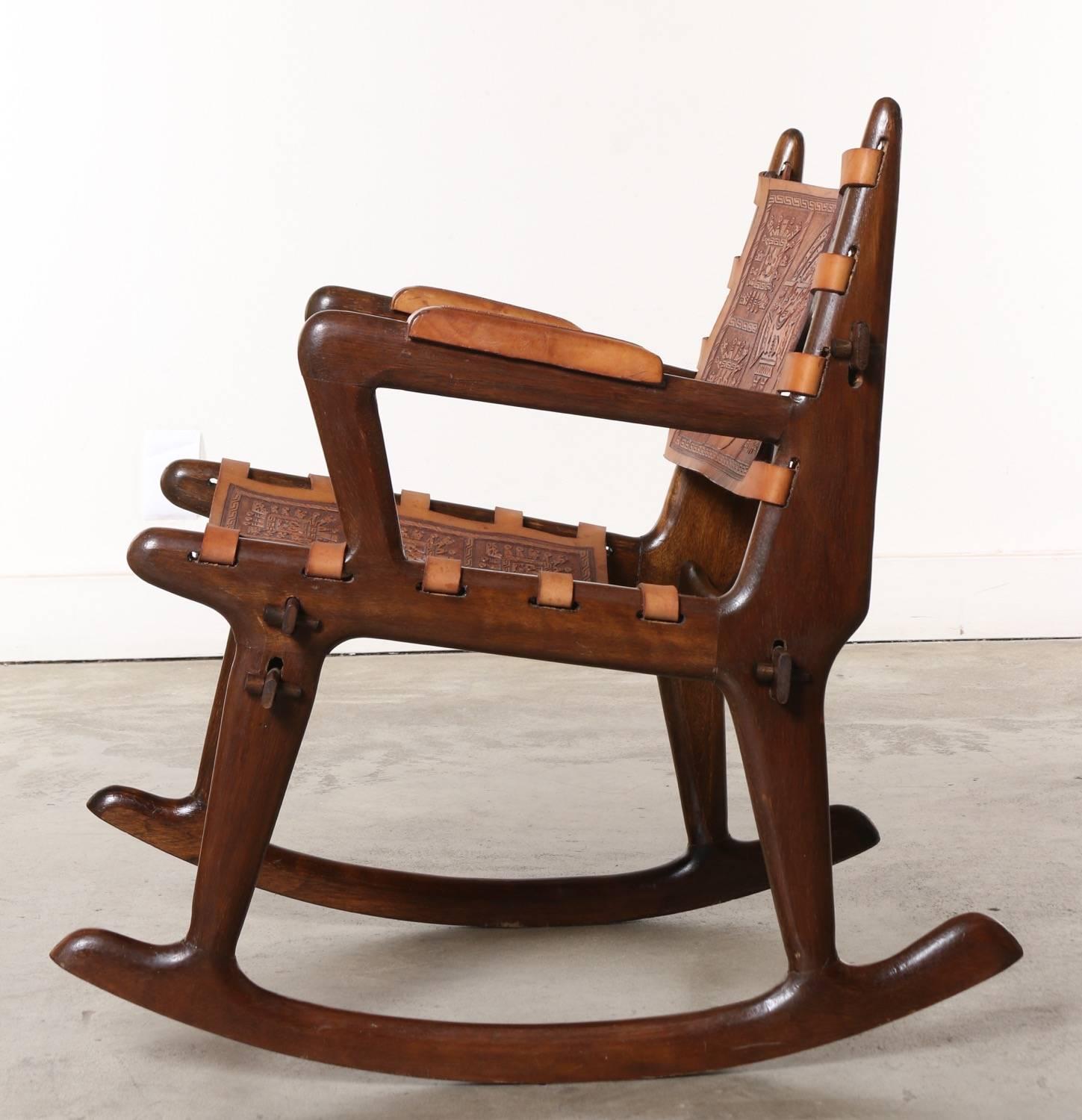 South American Wood and Tooled Leather Rocking Chairs, circa 1960s In Excellent Condition In Los Angeles, CA