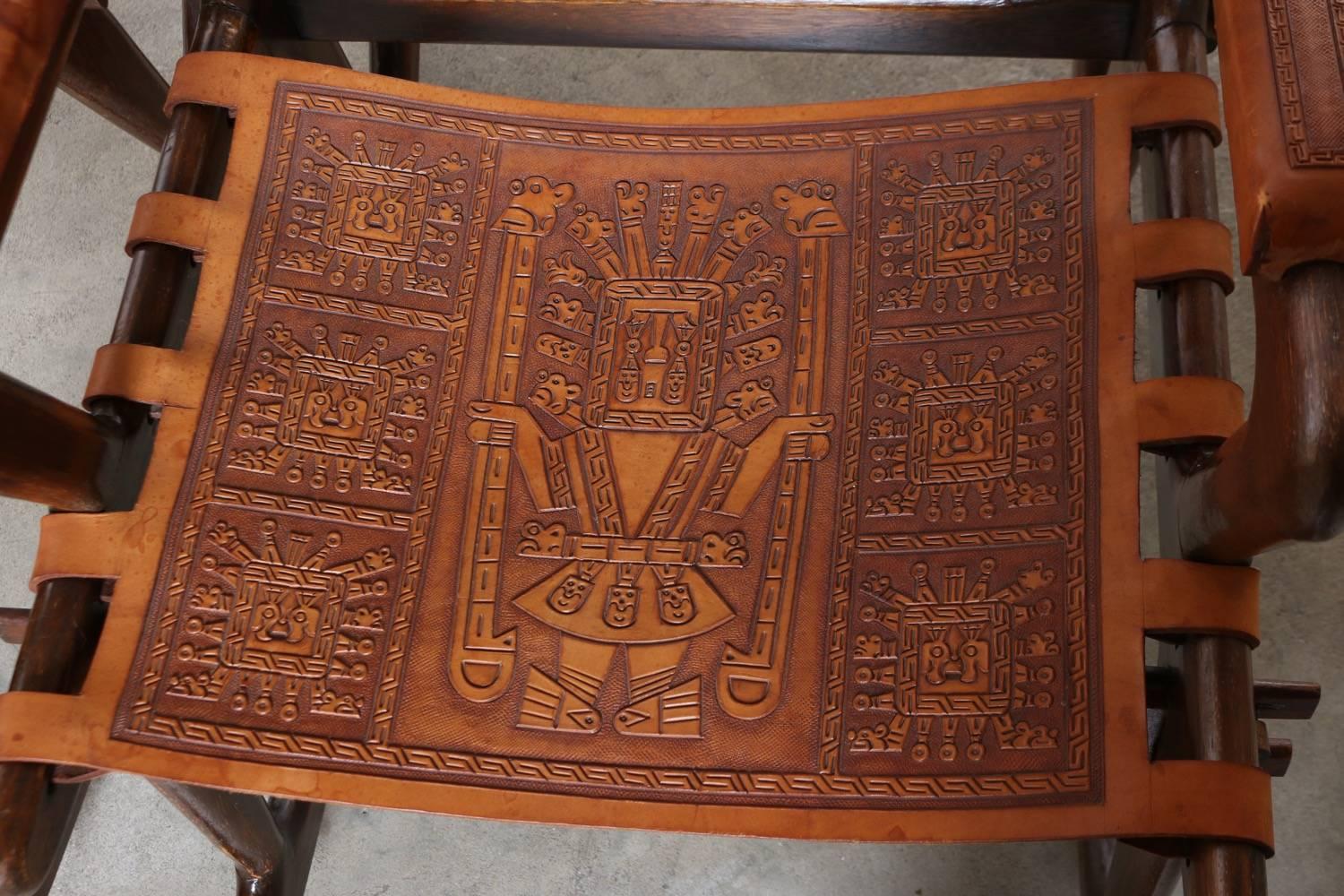South American Wood and Tooled Leather Rocking Chairs, circa 1960s 1