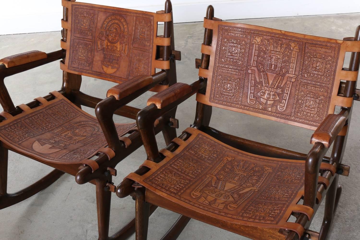 South American Wood and Tooled Leather Rocking Chairs, circa 1960s 3