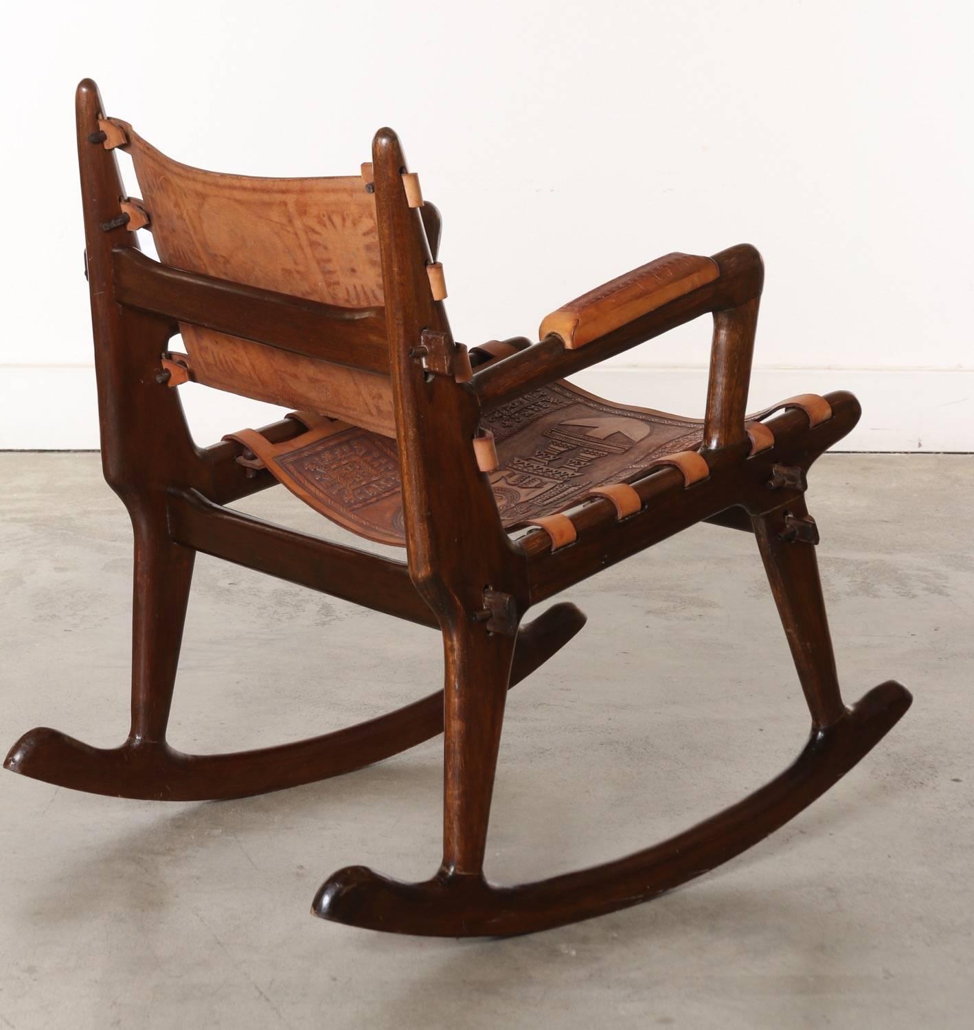 South American Wood and Tooled Leather Rocking Chairs, circa 1960s 4