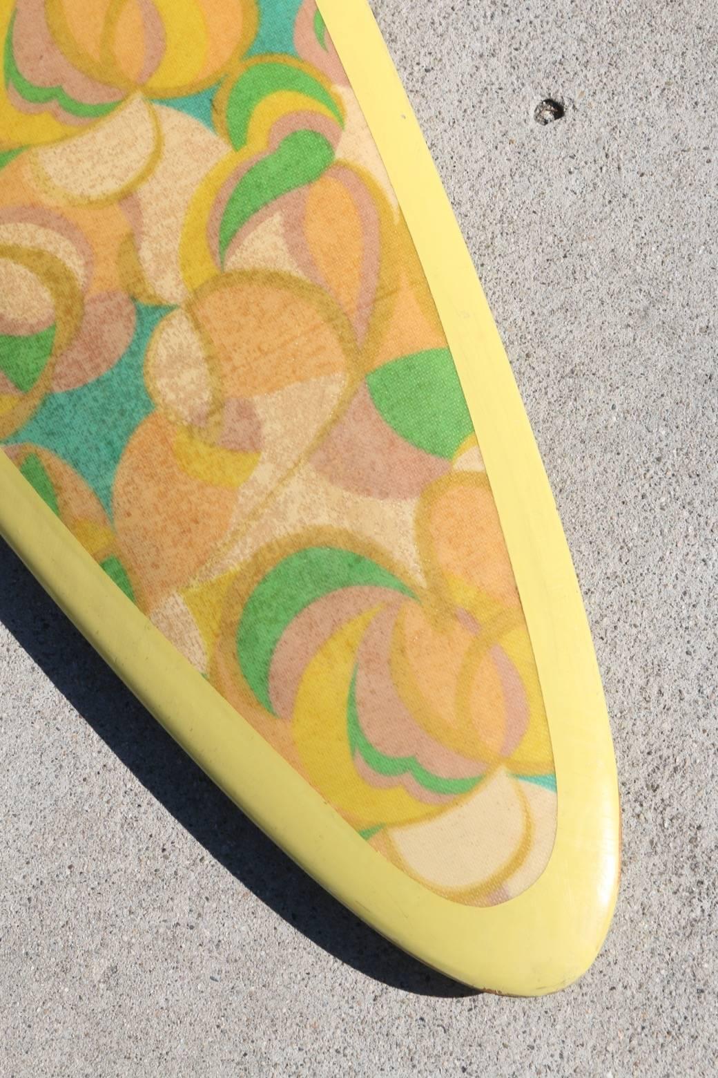 Mid-Century Modern Yellow Green Floral Rounded Pintail Surfboard, Late 1960 For Sale