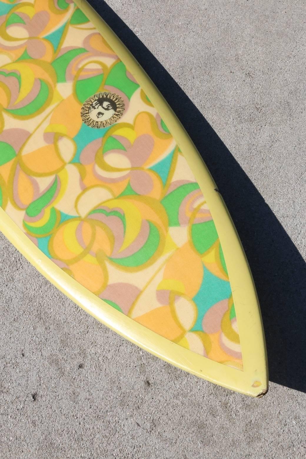 Mid-20th Century Yellow Green Floral Rounded Pintail Surfboard, Late 1960 For Sale